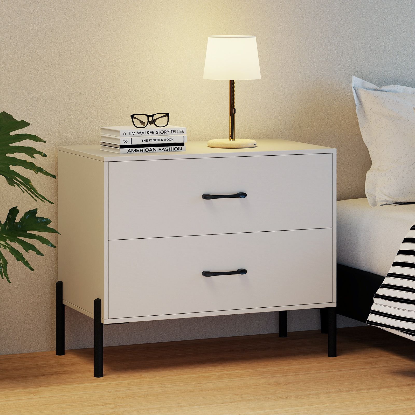 View of Slickblue Modern White Wooden Nightstand with Metal Legs and 2 Storage ...
