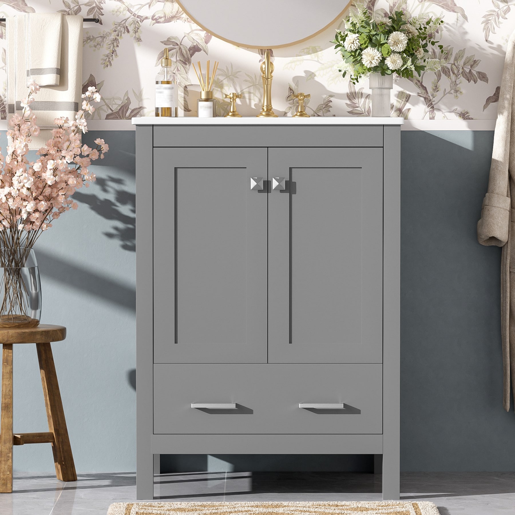 Dexmalle N729P299440E 24-in Gray Modern Freestanding Single Sink Bathroom Vanity with White Ceramic Sink