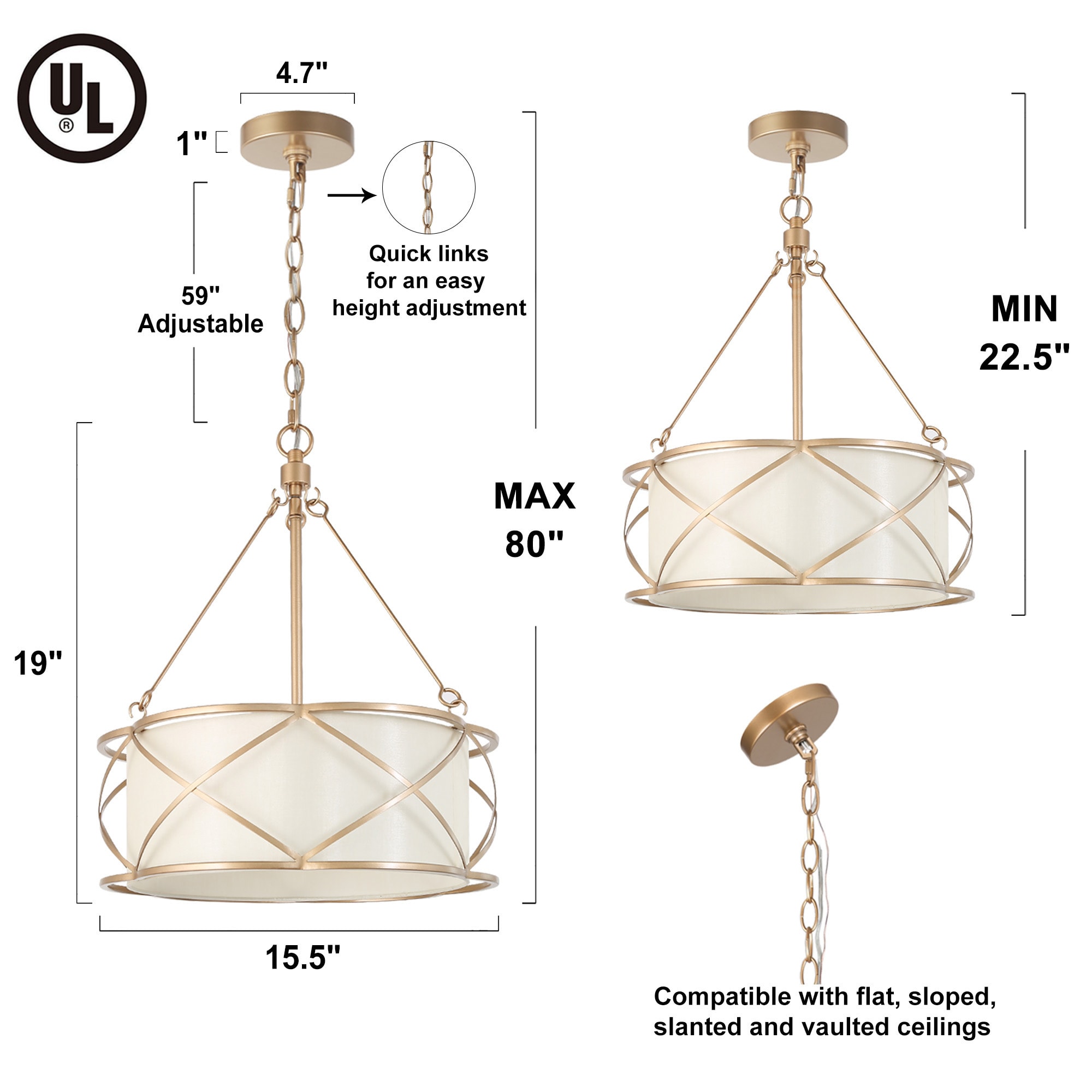 Uolfin 3-Light Matte Gold with Fabric Shape Modern/Contemporary LED Dry ...