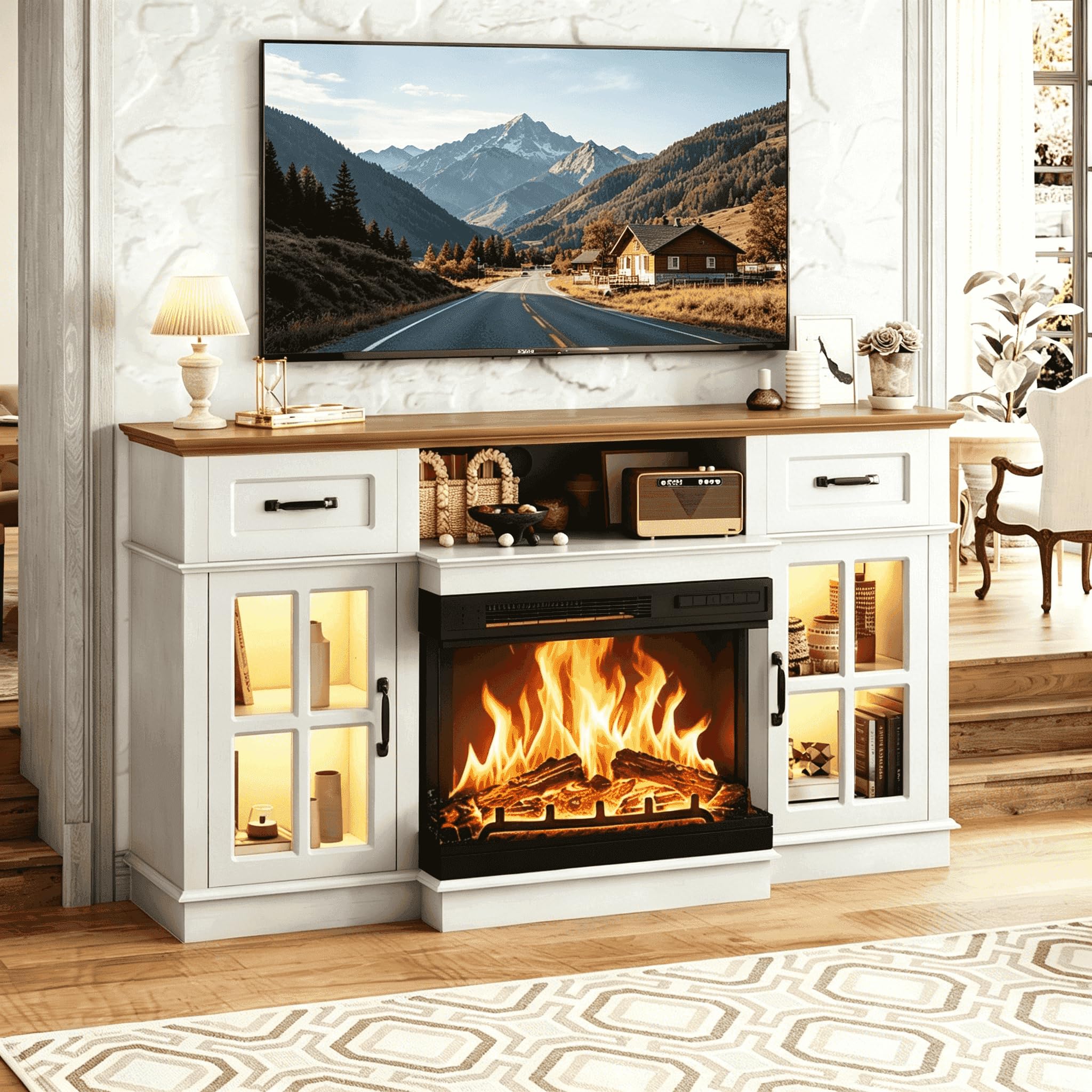 VINGLI 70-in Electric and Fluted Fireplace TV Stand with Heater