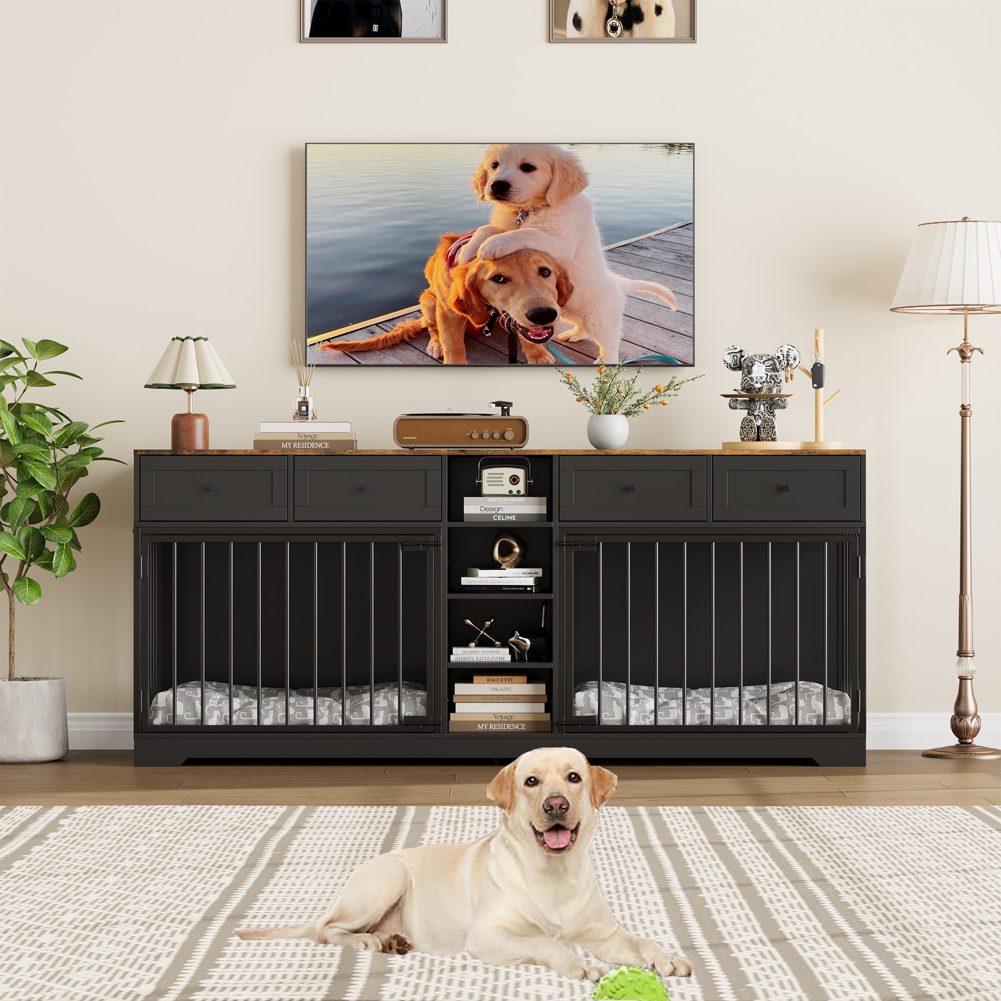 GarveeLife - 82 Inch Double Dog Crate Furniture TV Stand for 2 Large or Medium Dogs - Heavy Duty ...
