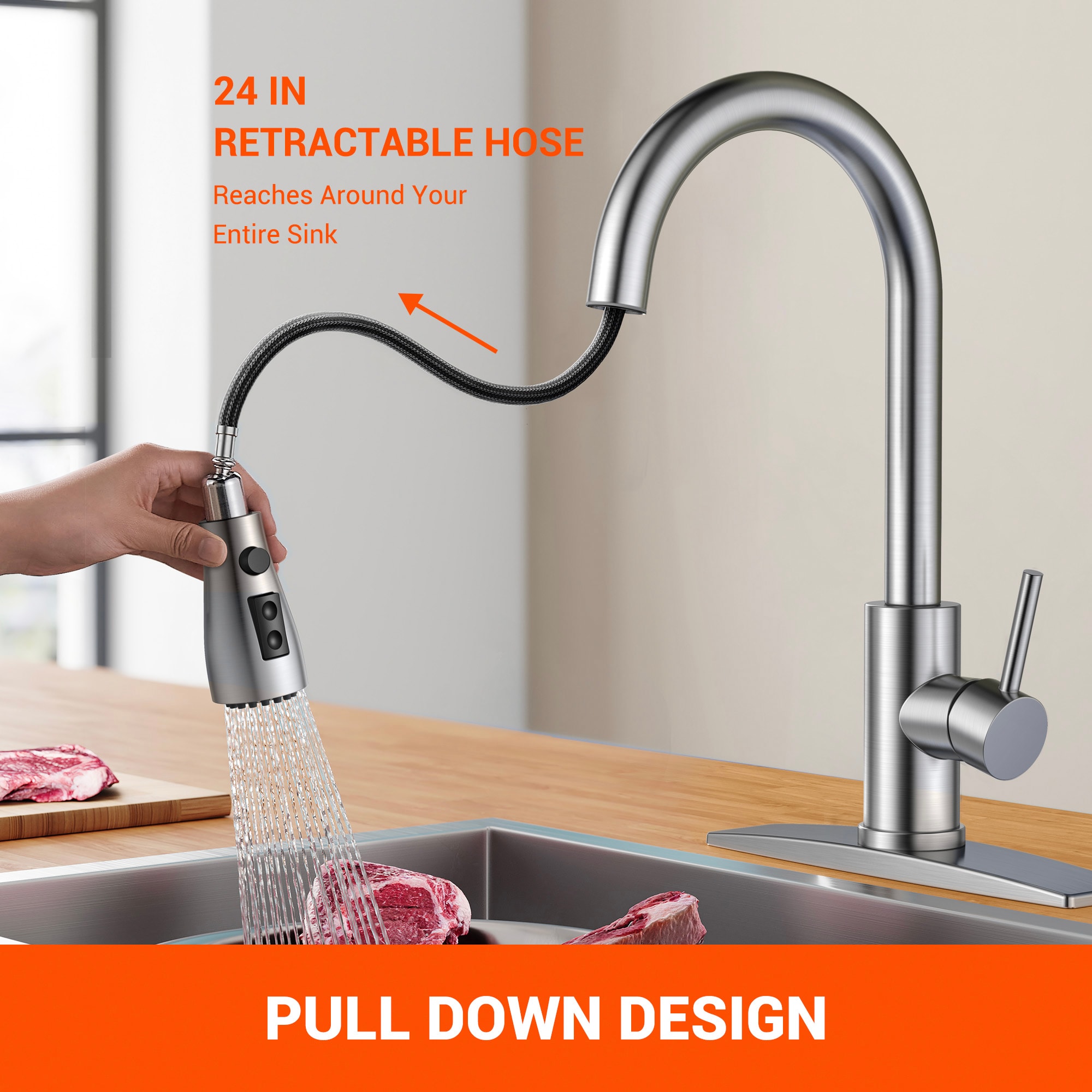 androme Stainless Steel Single Handle Pull-down Kitchen Faucet with ...