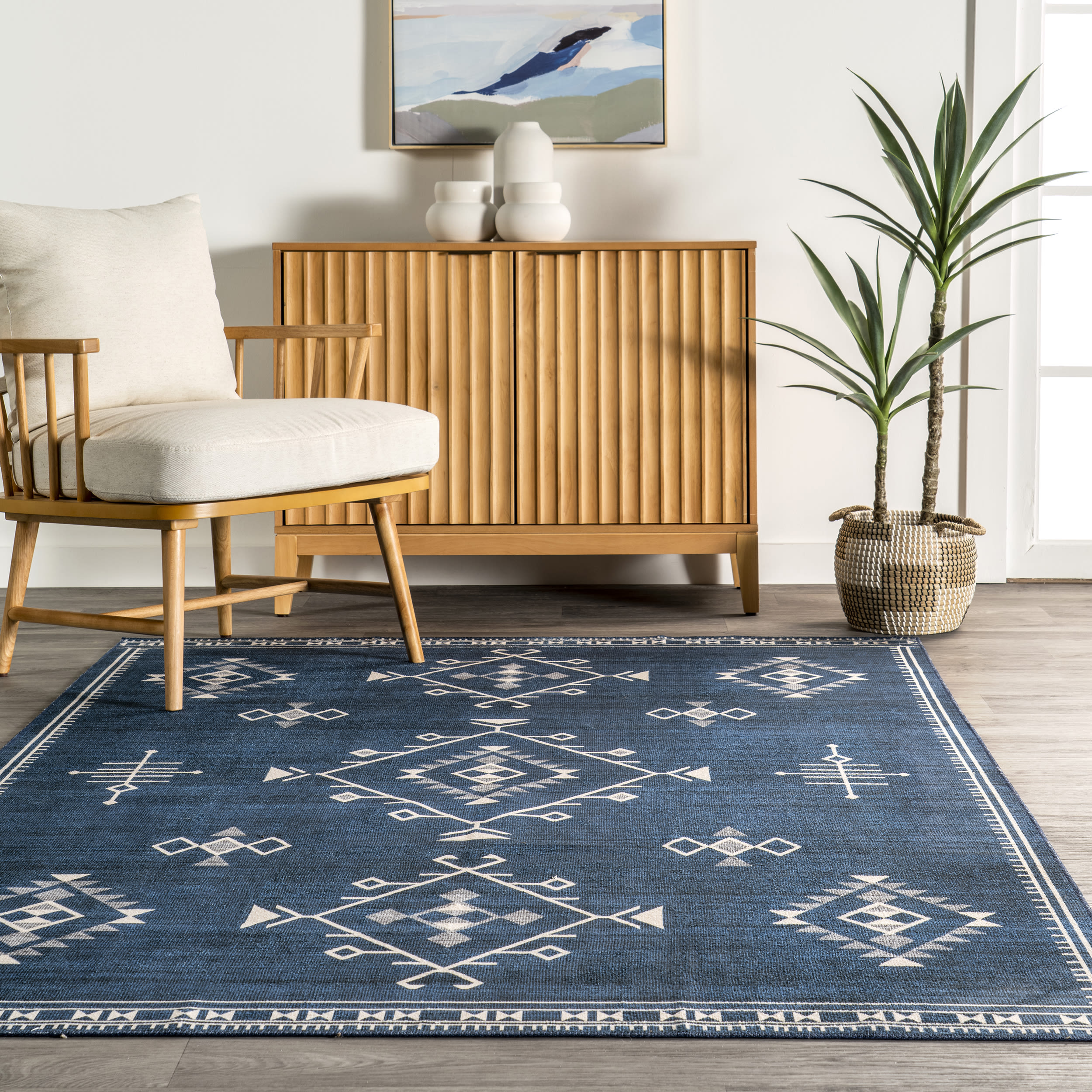 Navy Rectangular Reversible Washable Synthetic Area Rug, 3' x 5'