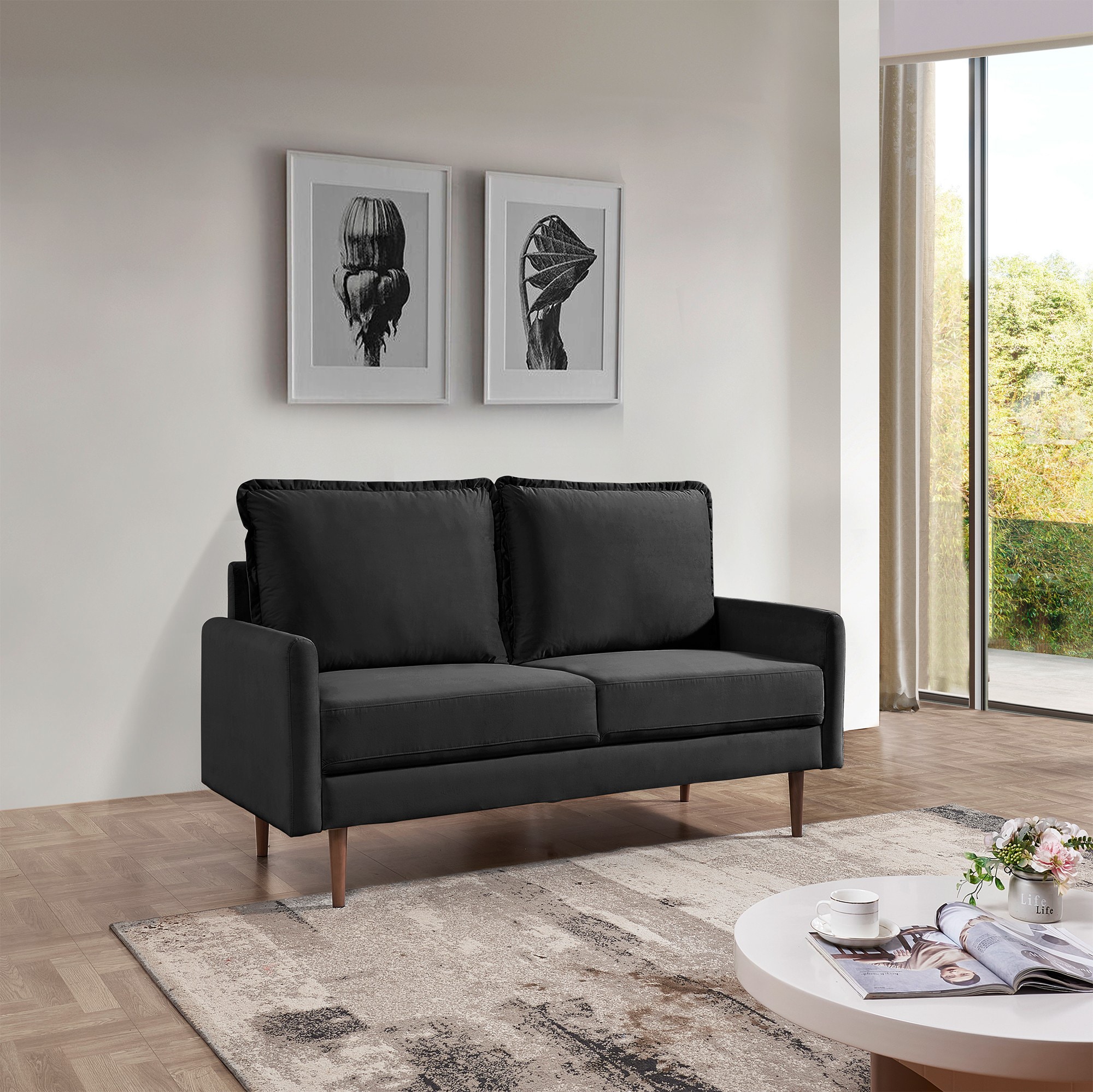 57-Inch Black Velvet Loveseat with Wood Legs