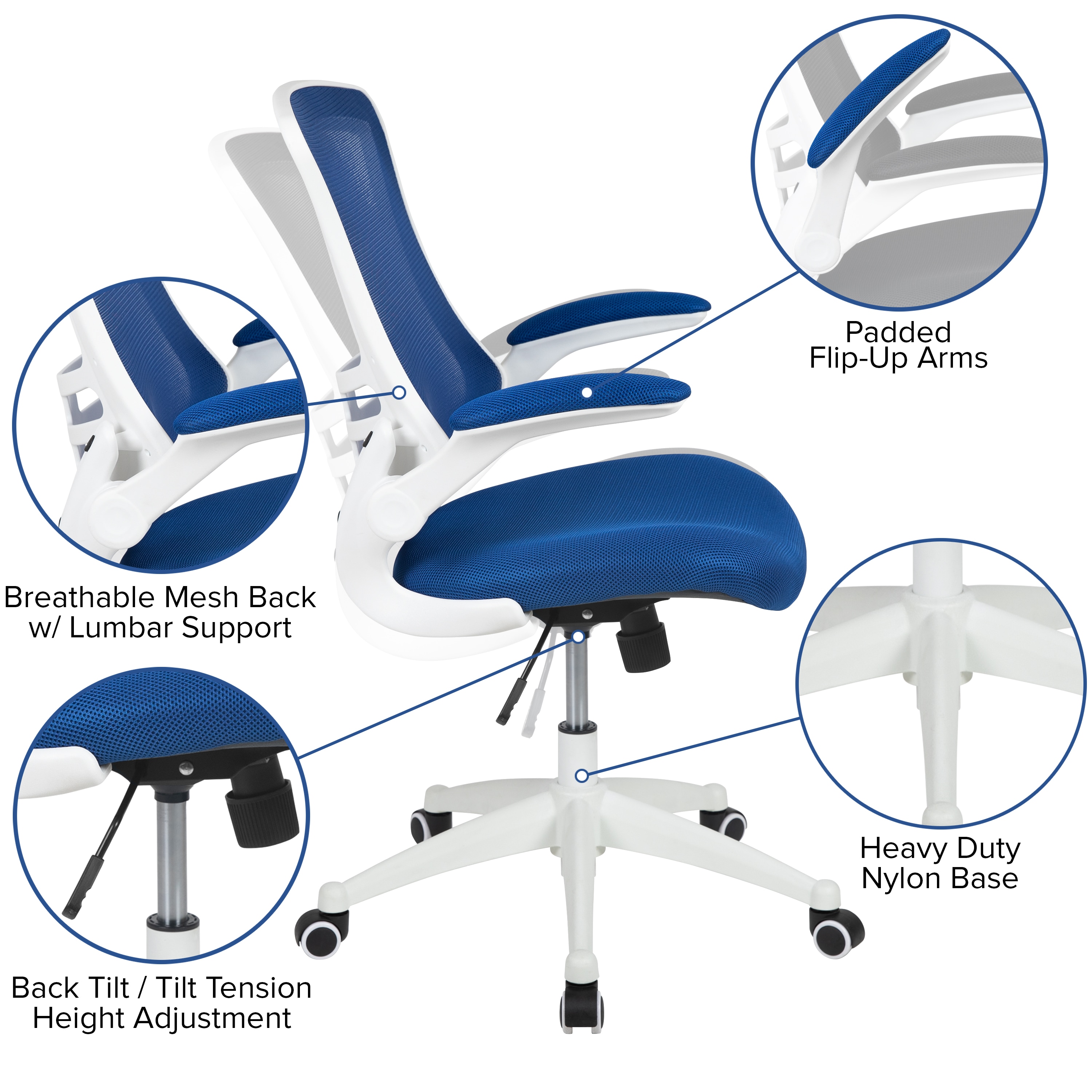 Modern Blue Mesh and White Plastic Ergonomic Swivel Task Chair