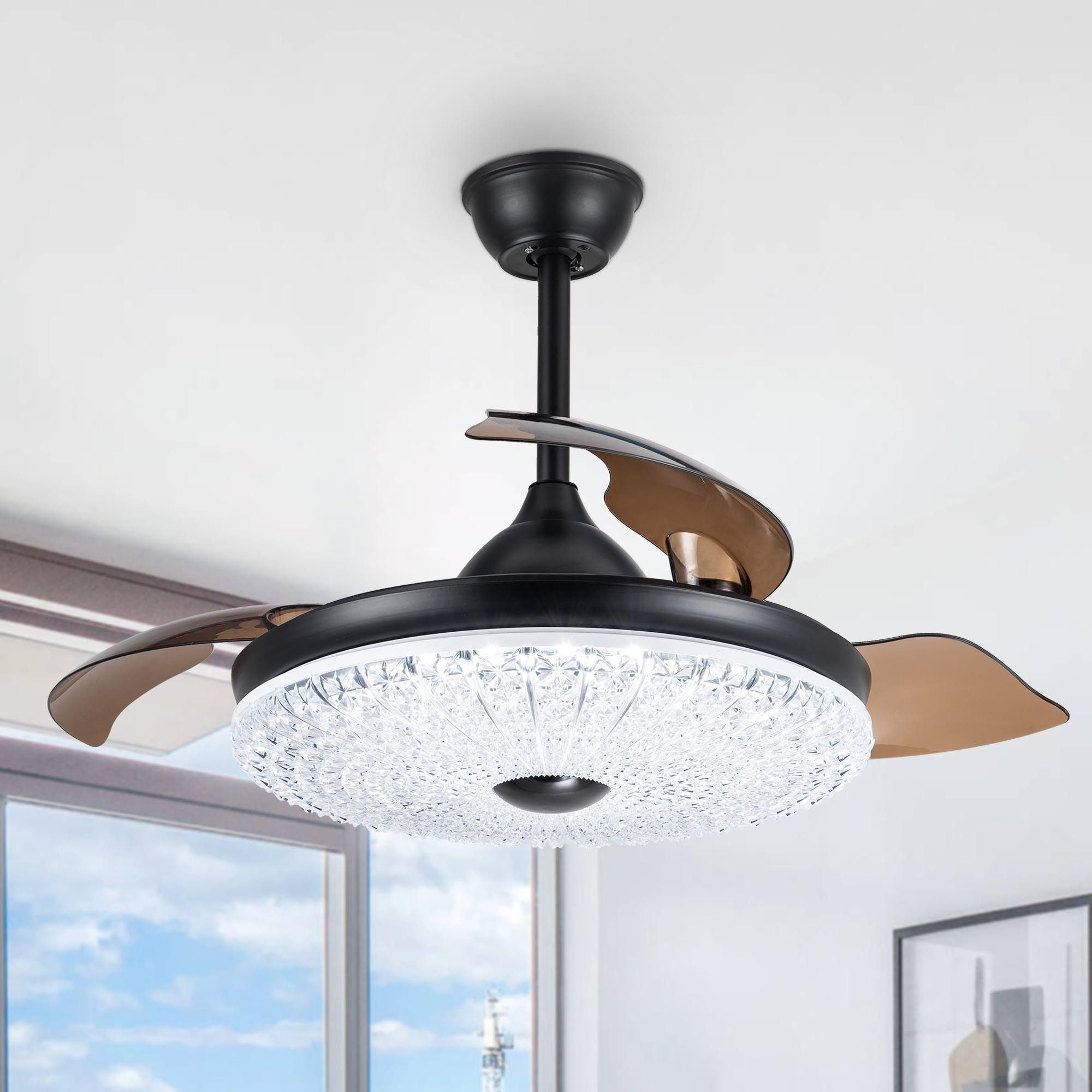 Bella Depot BD4257-B 42-in Color-Changing Integrated LED Black with Transparent Blades Ceiling Fan With Light - Remote Included ( 3 -Blade )