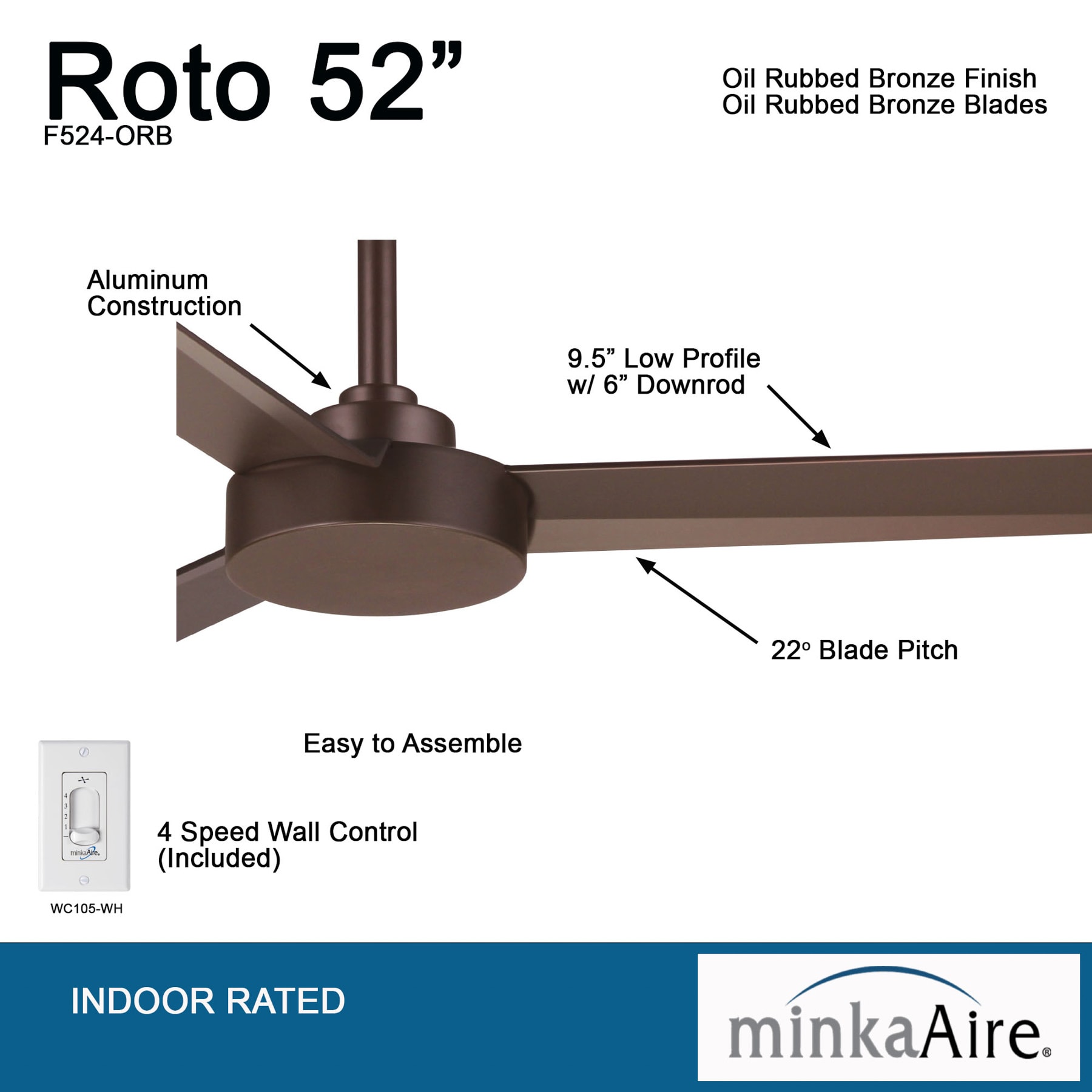 52'' Oil Rubbed Bronze 3-Blade Ceiling Fan with Remote
