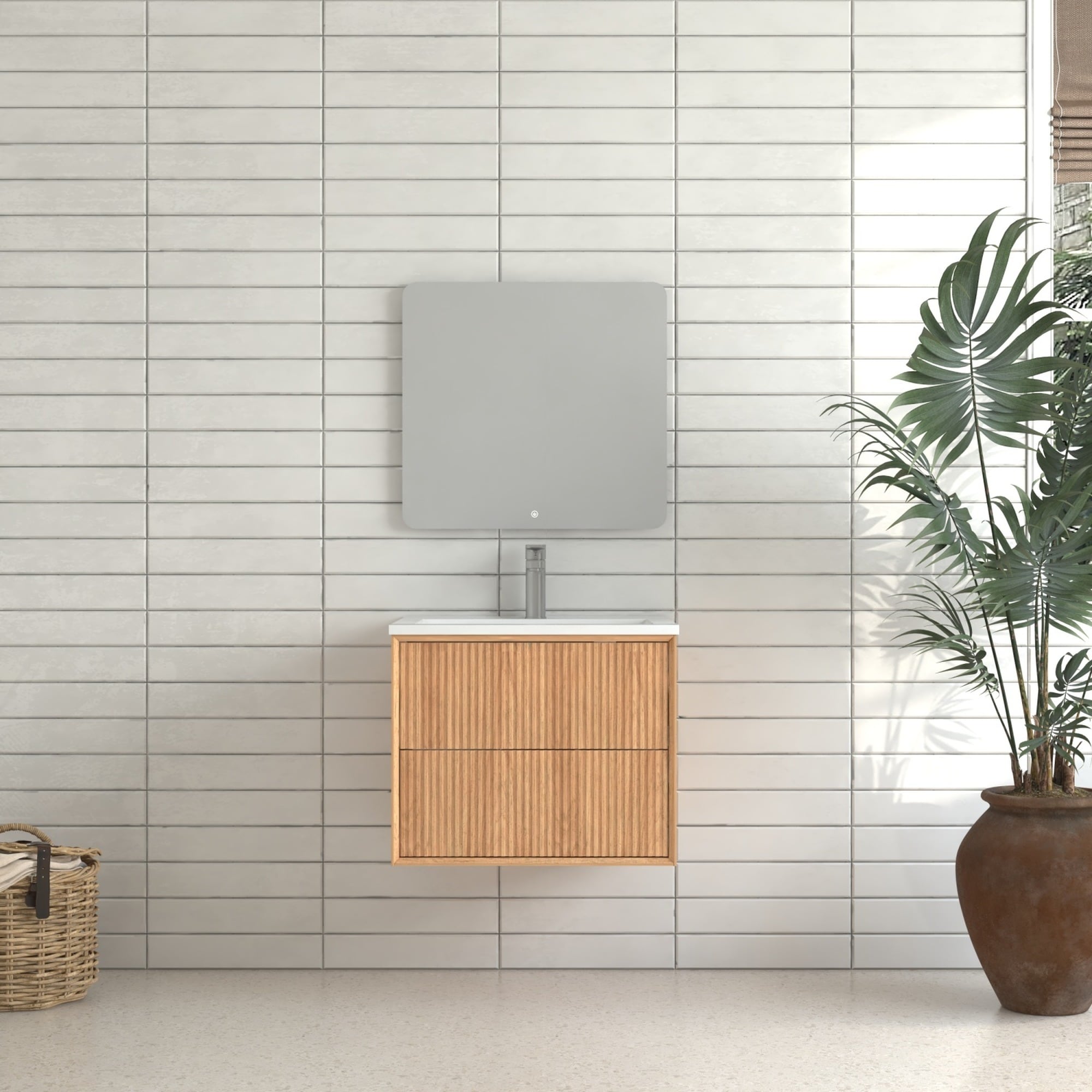 IAK 24 inch Walnut Solid Wood Floating Bathroom Vanity Set with White Resin Integrated Basin and Push Open Drawers