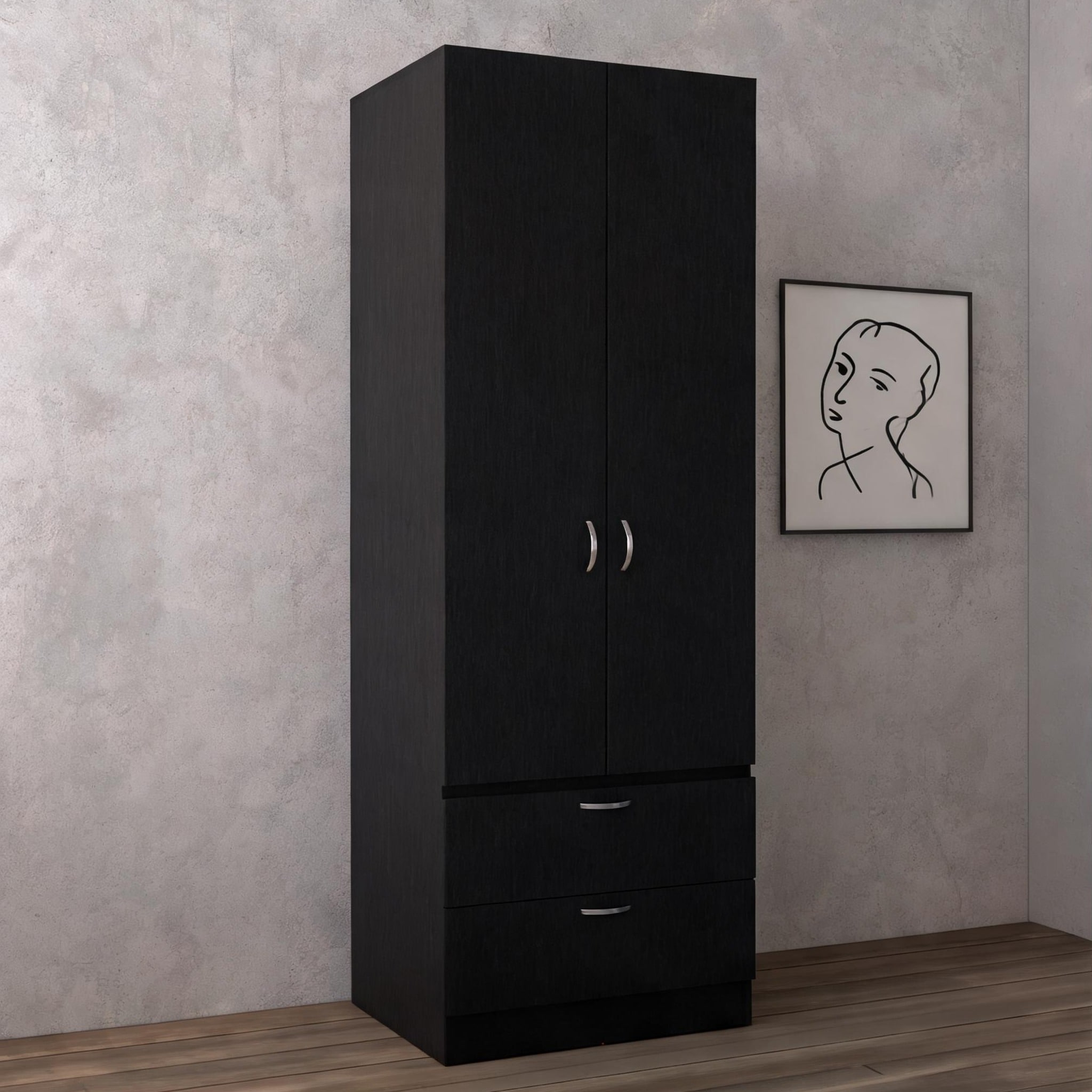 Watnature Modern Deep Black Engineered Wood 76 Inch Armoire Wardrobe for Bedroom Clothing Storage
