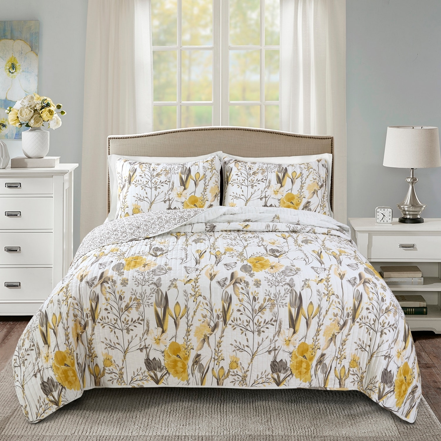 Lush Decor 16T003745 Yellow Floral Reversible Full/Queen Quilt Cotton