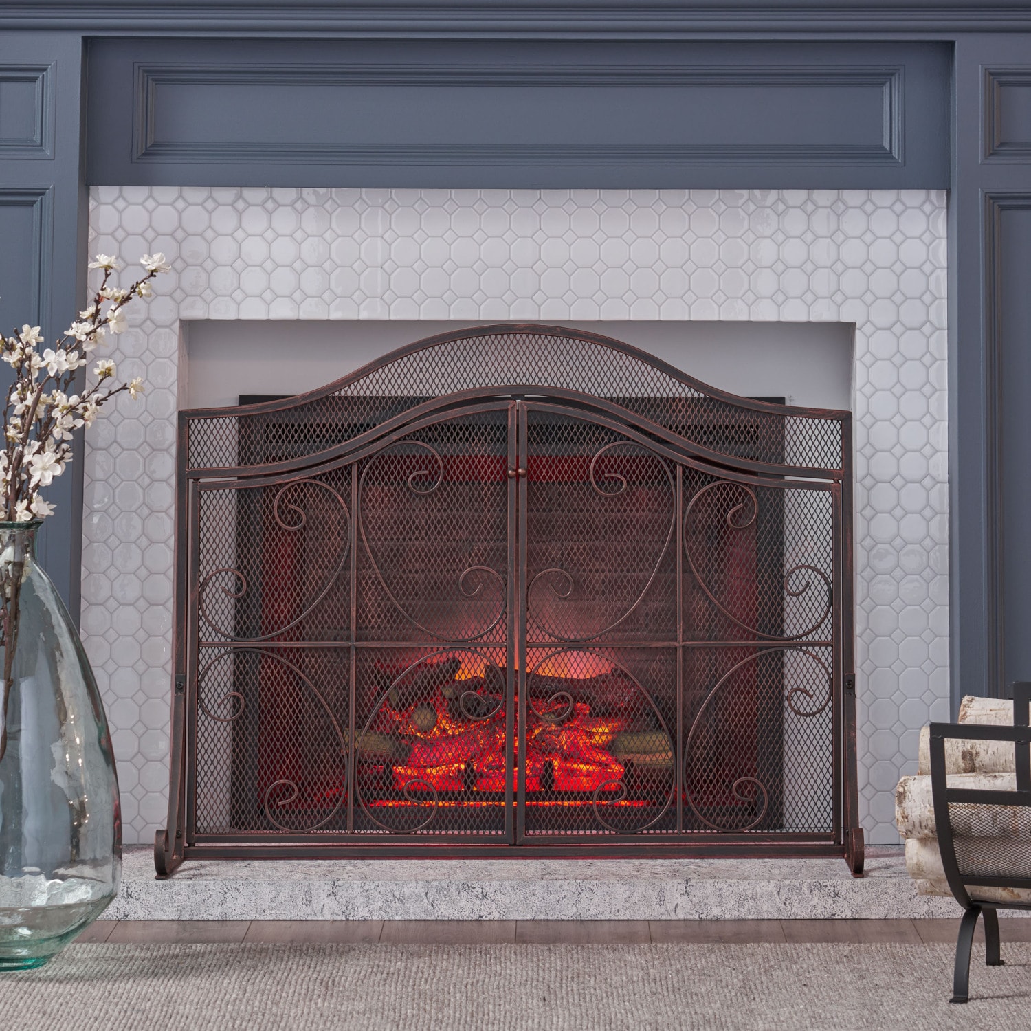 Streamdale Furniture Streamdale Gary Modern 3-Panel Iron Fire Screen With Doors Black Copper Finish #65187.00BLKCOP