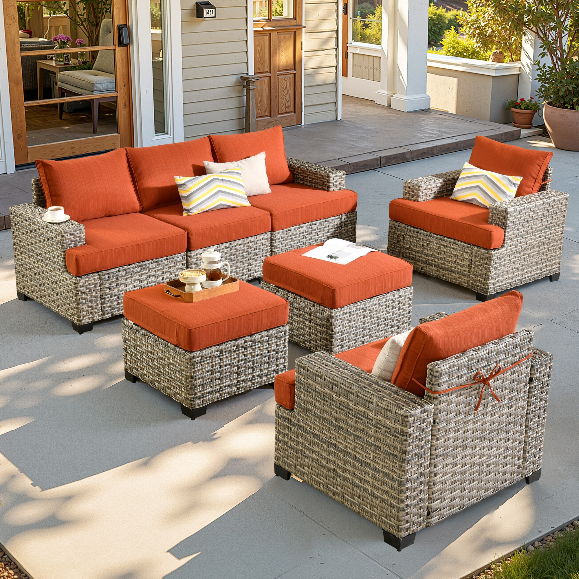 ALTRIGUS 6L-TBS807-AL 7 -Piece Wicker Patio Sofa Conversation Set with Orange Cushions