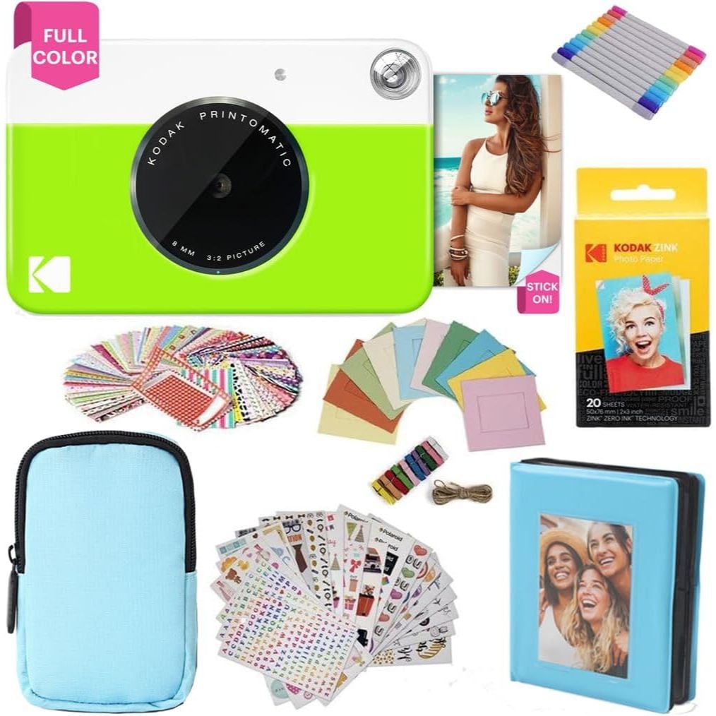 Kodak AMZRODOMATICK3GNB Printomatic Instant Print Camera Gift Bundle with Blue Soft Case - 20-Pack Zink Photo Paper and More - Green