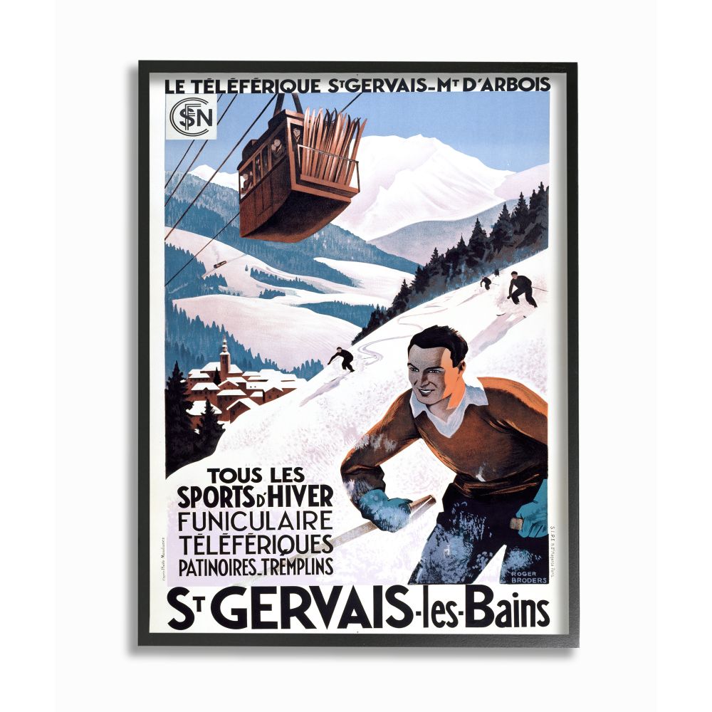 Stupell Industries AB-772-FR-16X20 Male Athlete Mountain Skiing Vintage Illustration Advertisement Marcus Jules Black Framed Wood Framed 20-Inches H x 16-Inches W People Print