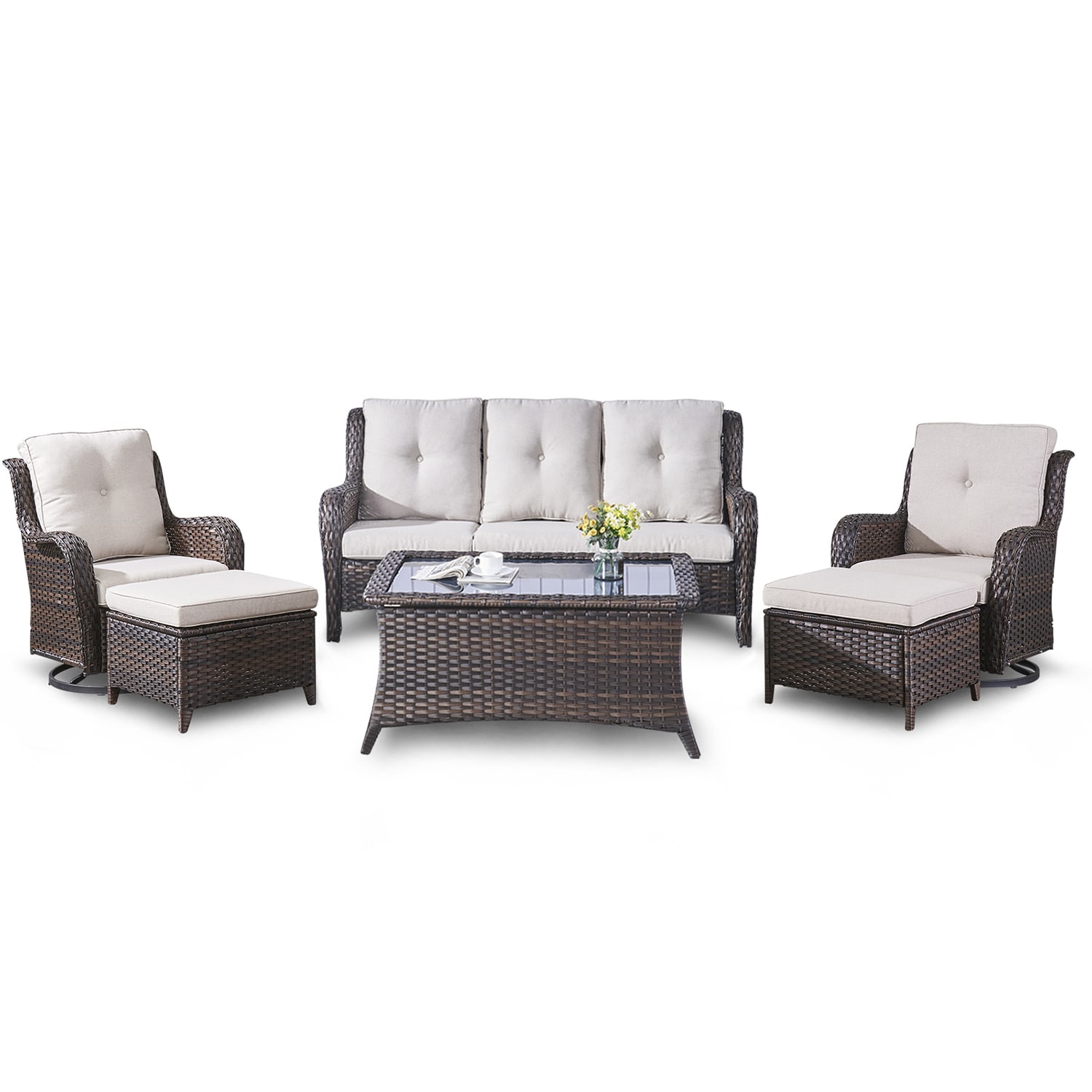 Rilyson FS013018023014-2 Curved Handrail 6 -Piece Wicker Patio Sofa Conversation Set with Multiple color/finishes Cushions