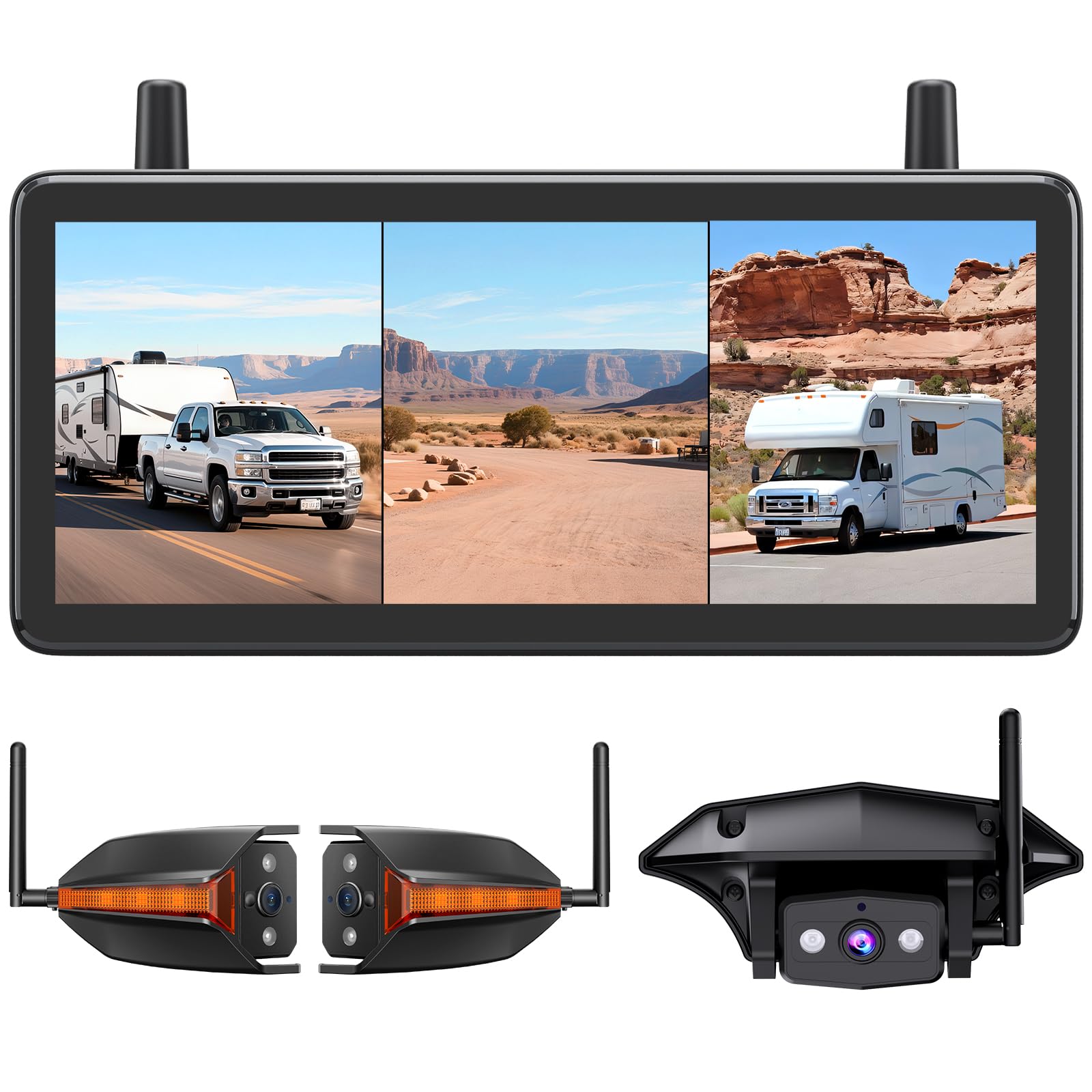 Etokfoks  Wireless RV Rear Side View System Triple Split Screen Monitor 1080P Night Vision Stable Signal Backup Camera