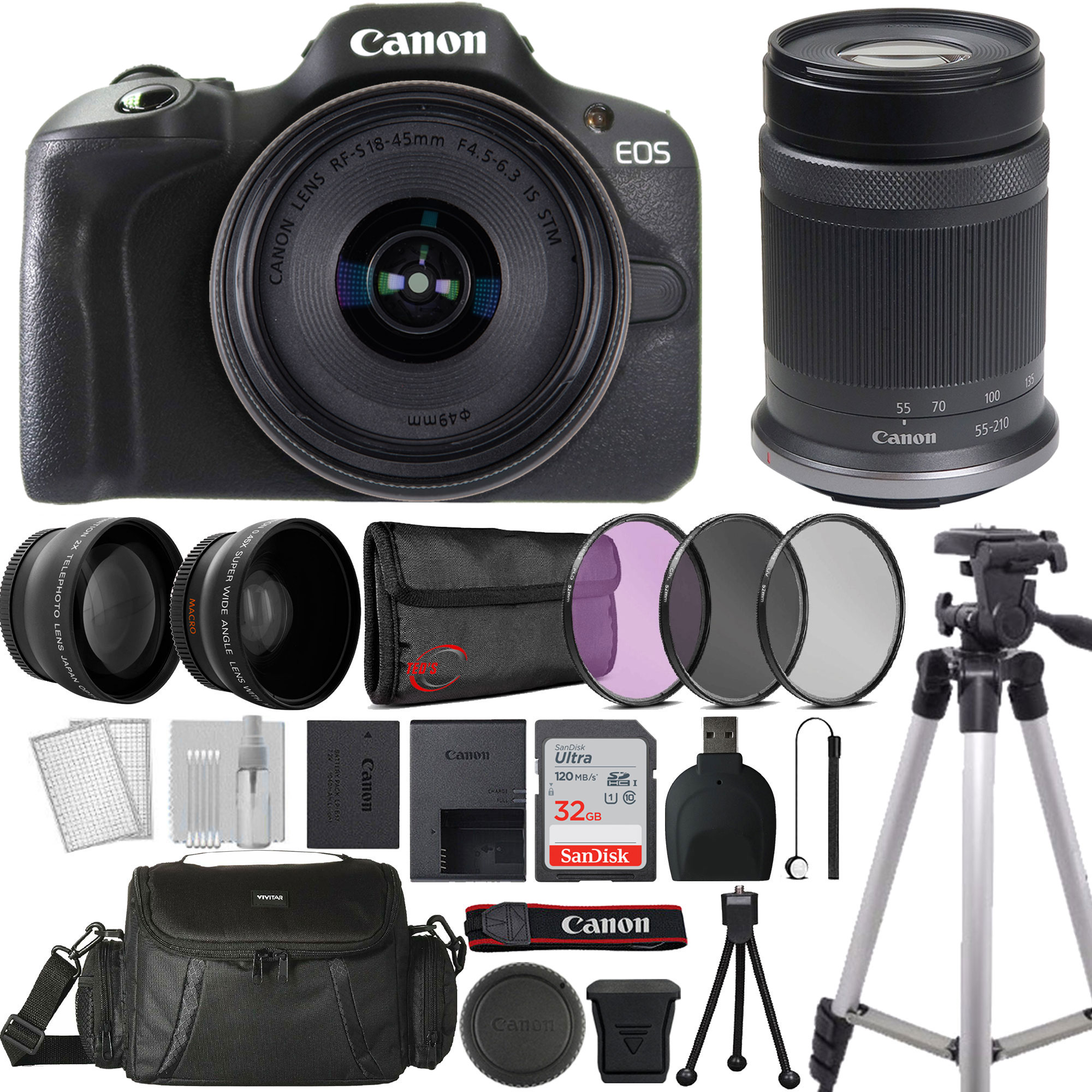 Canon  EOS R100 Mirrorless Camera RF S 18 45mm IS STM Lens RF S 55 210mm IS STM Lens Case 32GB Card Tripod Reader CleaningKit 49mm Filter Set for 49mm Thread Lens 49mm 2X Telephoto Wide Angle Lens Attachment