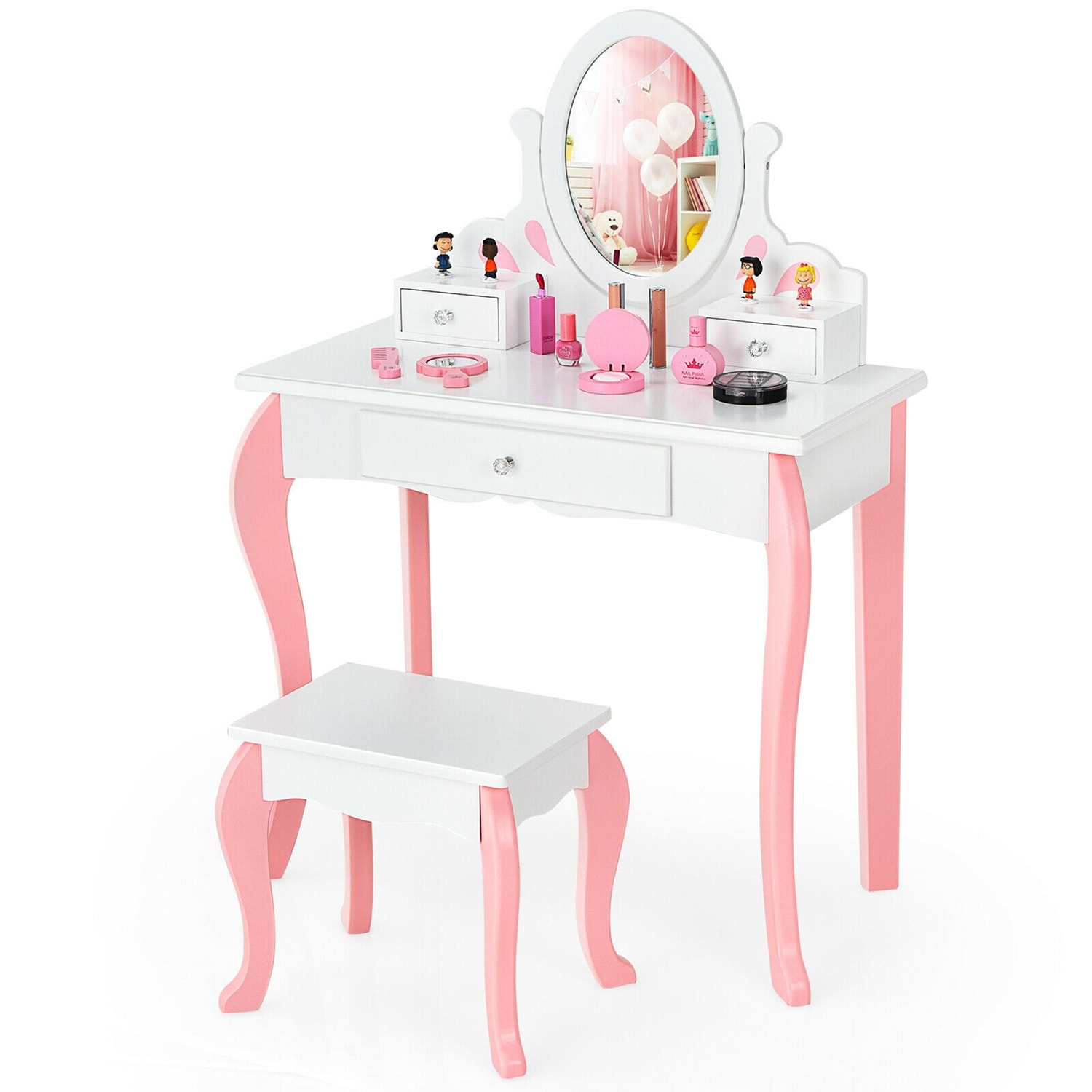Costway CSHY001358 Kids Vanity Princess Makeup Dressing Table Stool Set With Mirror Drawer White