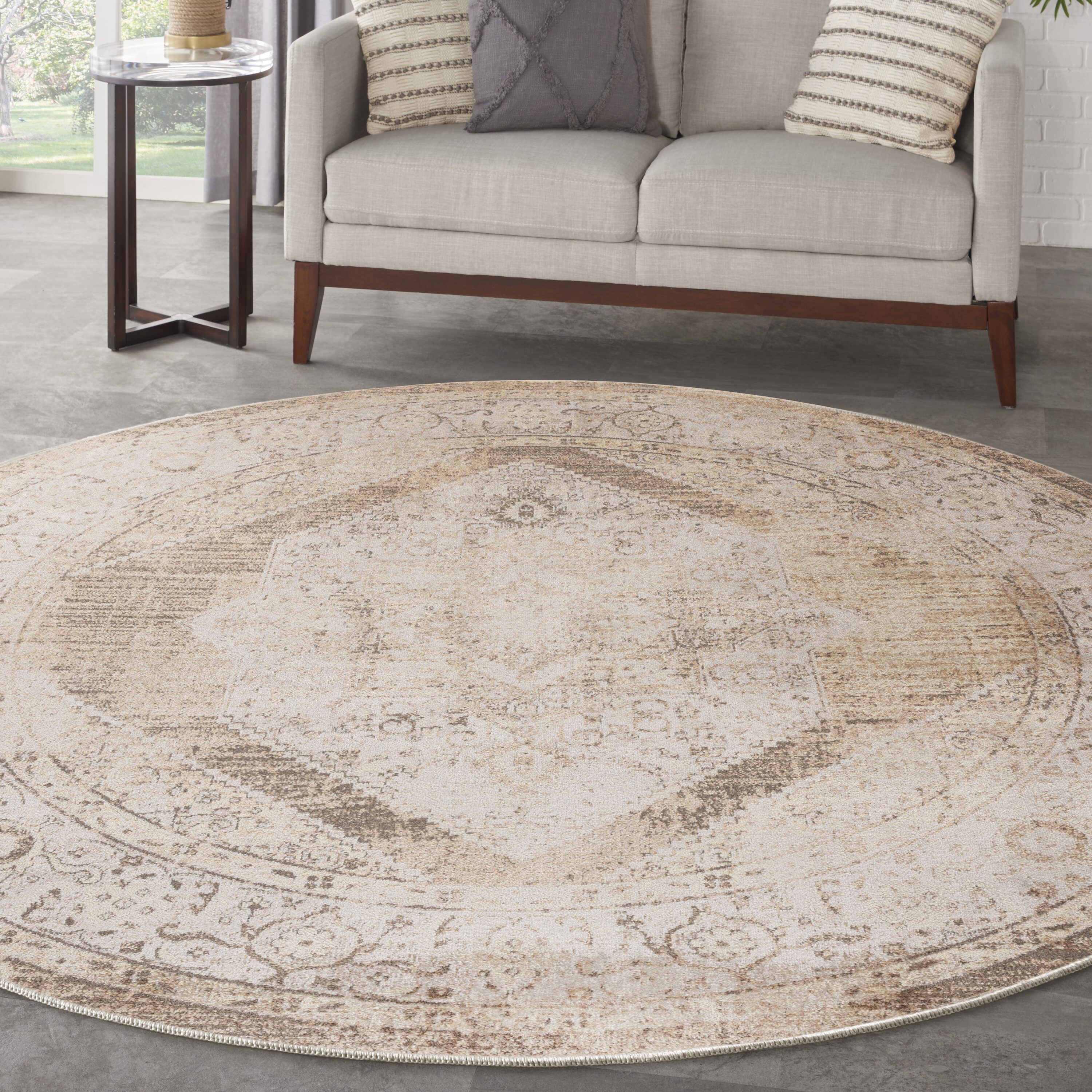 Nourison Home 099446964342 Astra Machine Washable 5 x 5 (ft) Loomed Polyester Beige Round Indoor Medallion Persian Machine washable Area rug