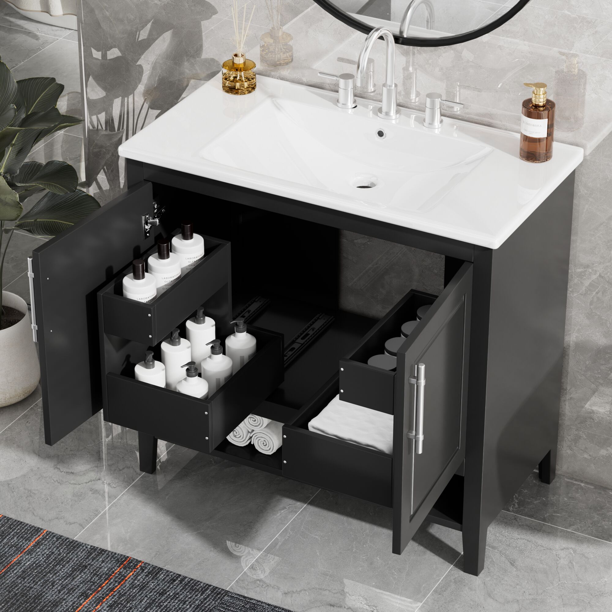 Tatayosi T-19758AAB 36 Inch Black Freestanding Bathroom Vanity with Ceramic Sink and Multi Drawer Storage