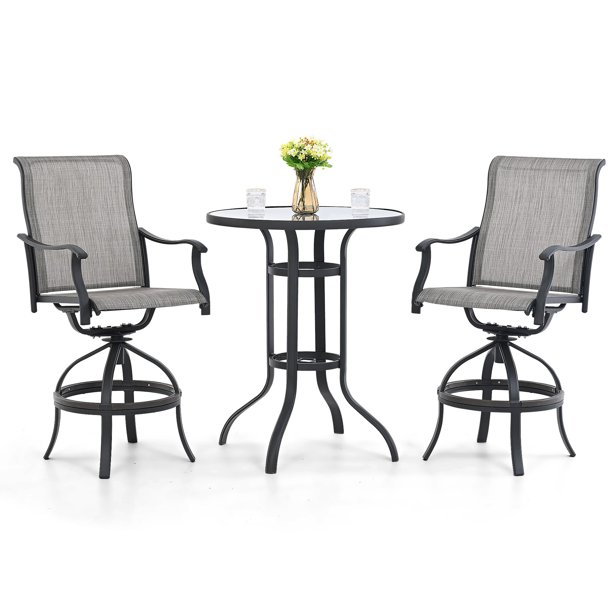  EL-BTY3-HG-WL3 3 -Piece Gray Bar Height Patio Dining Set Iron Round Table with 2 Gray Swivel Rocker Chairs