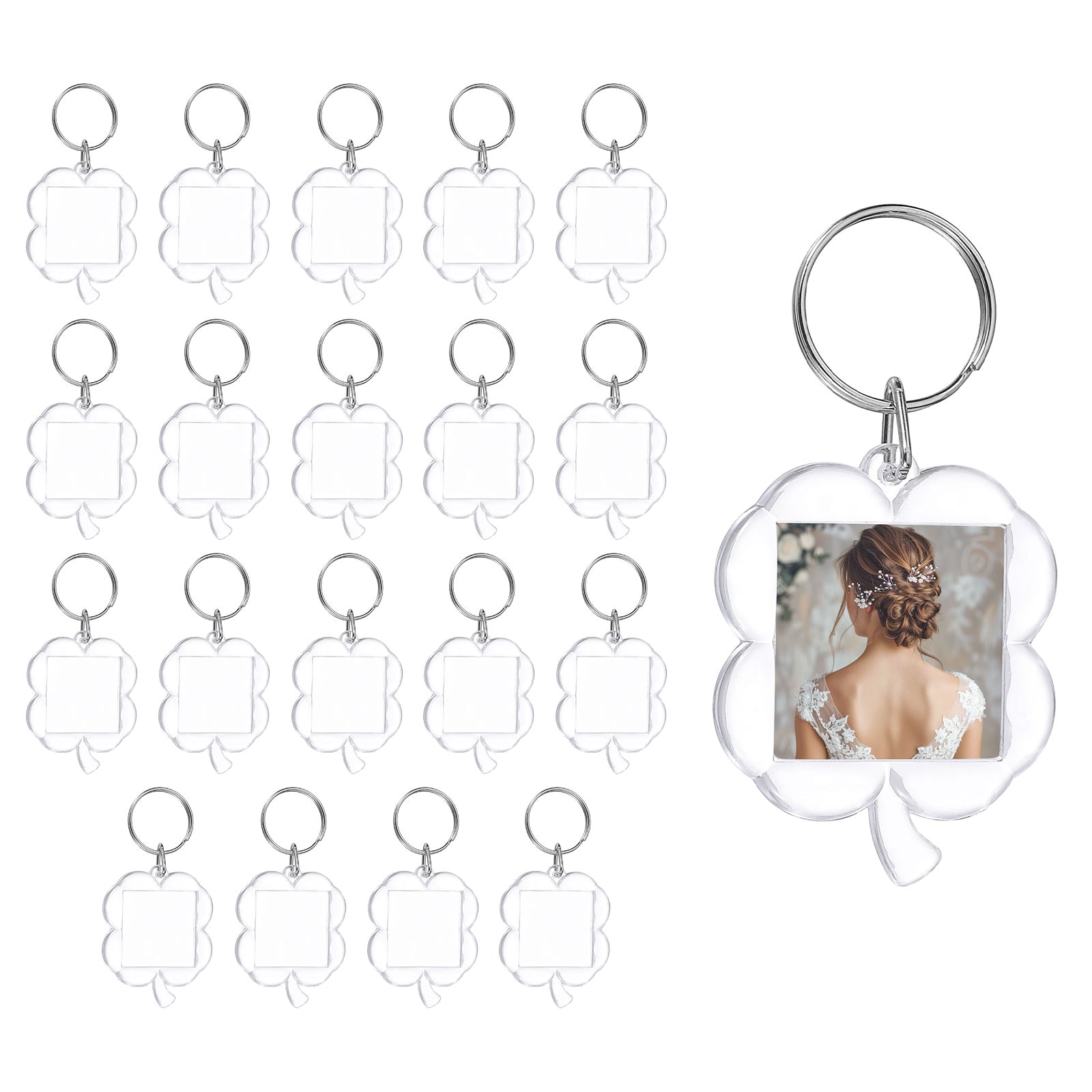 20pcs Photo Frame Keyring Acrylic Picture Keychains Clear Photo Insert Keychain 1.6 x 2 Inch Four-Leaf Flower Blank Photo Keychains for Photo Display Supplies Transparent