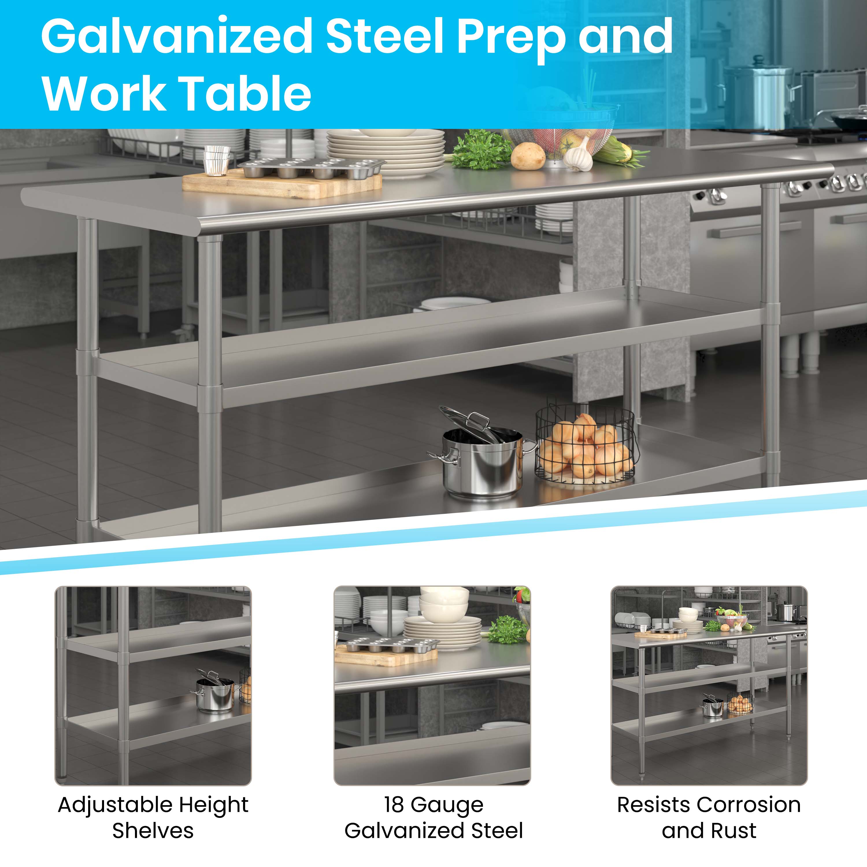 Silver Stainless Steel Kitchen Work Table with Adjustable Shelves