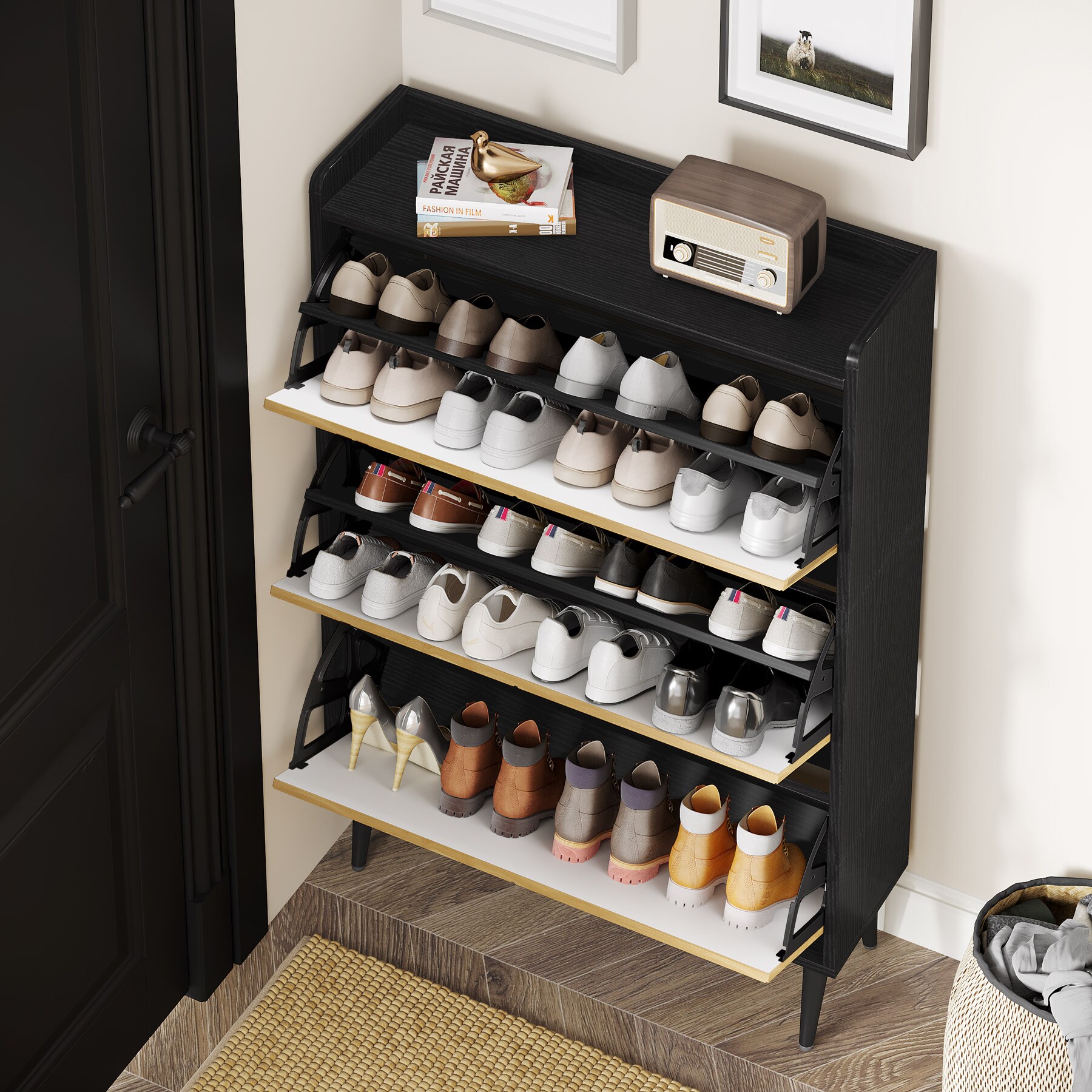 Tribesigns 48.03-in H 3 Tier 24 Pair Oak/Black Engineered Wood Shoe Cabinet | HOGA-NY045