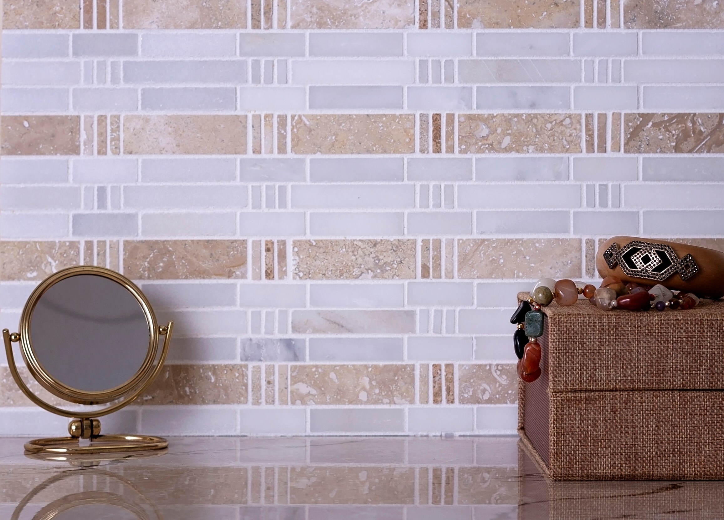 Beige and White Polished Marble Mosaic Tile 12" x 12"
