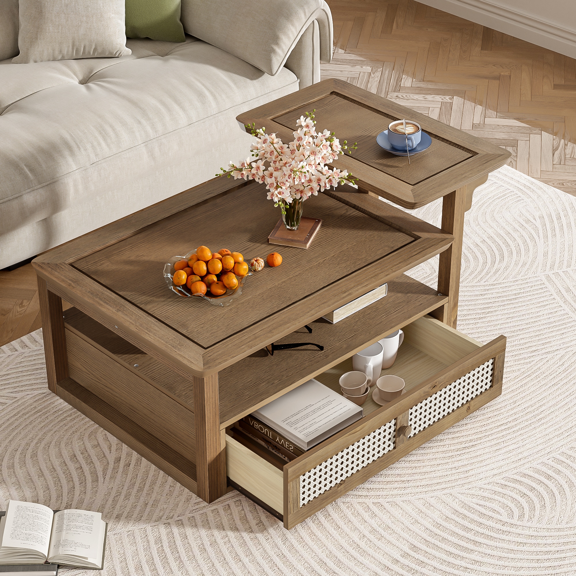 ModernLuxe L3P-N724P232190D Modern Coffee Table Coffee Table with 1 Storage Shelf 2 Tabletops and 1 Rattan Drawer For Living Room