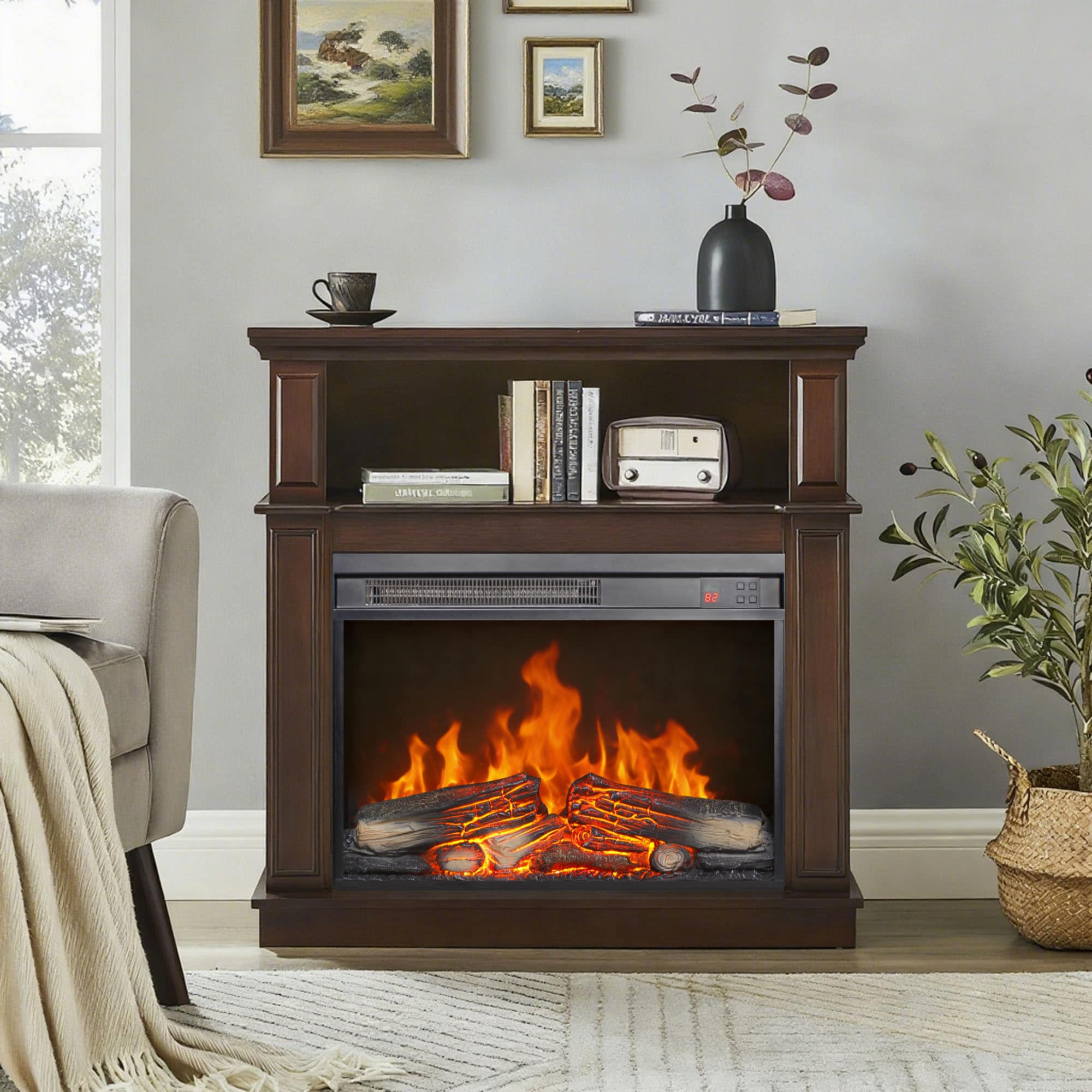 Cuschoice  23-in Electric Fireplace Insert with Realistic Log Set and Flame Effect 1400W Heater Remote Control with Timer Ultra Thin Design 64-82 Thermostat Heats Up to 400 Sq Ft