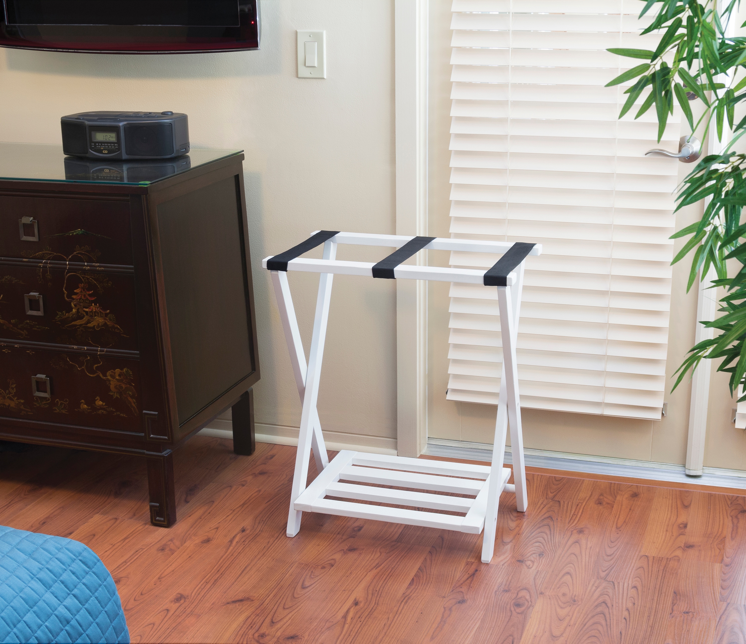 White Folding Wood Luggage Rack with Bottom Shelf