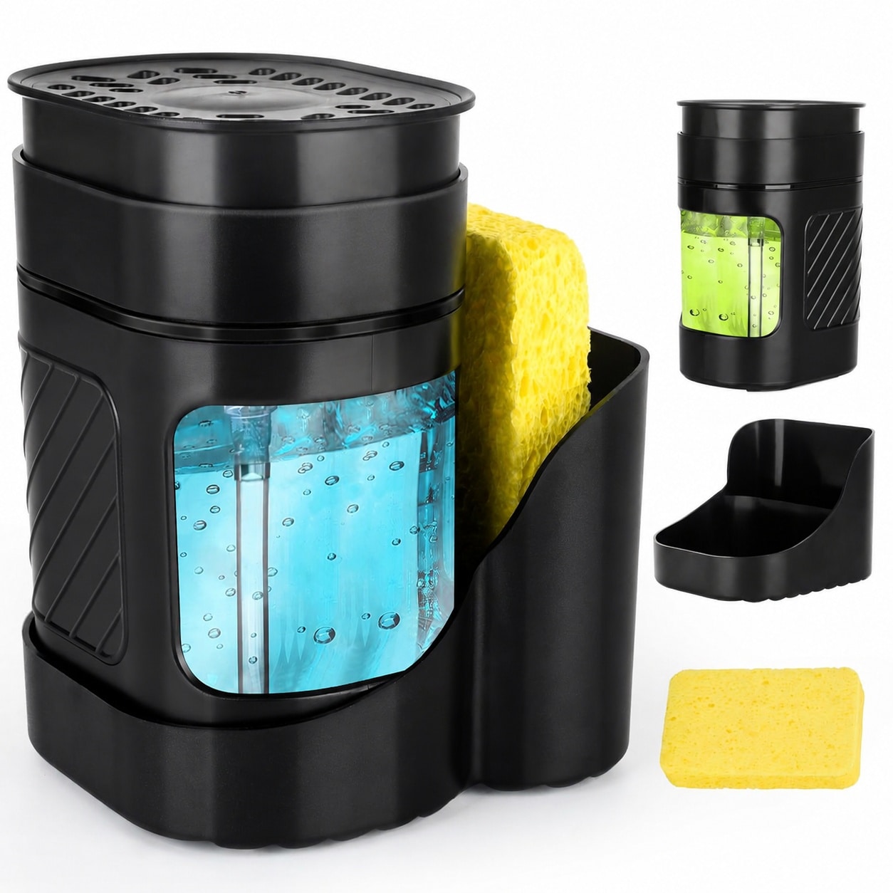 Phyfalip  Kitchen Dish Soap Dispenser Set 3 in 1 Countertop Soap Pump with Sponge Holder and Tray for Kitchen Sink Includes Wood Paddle Sponge
