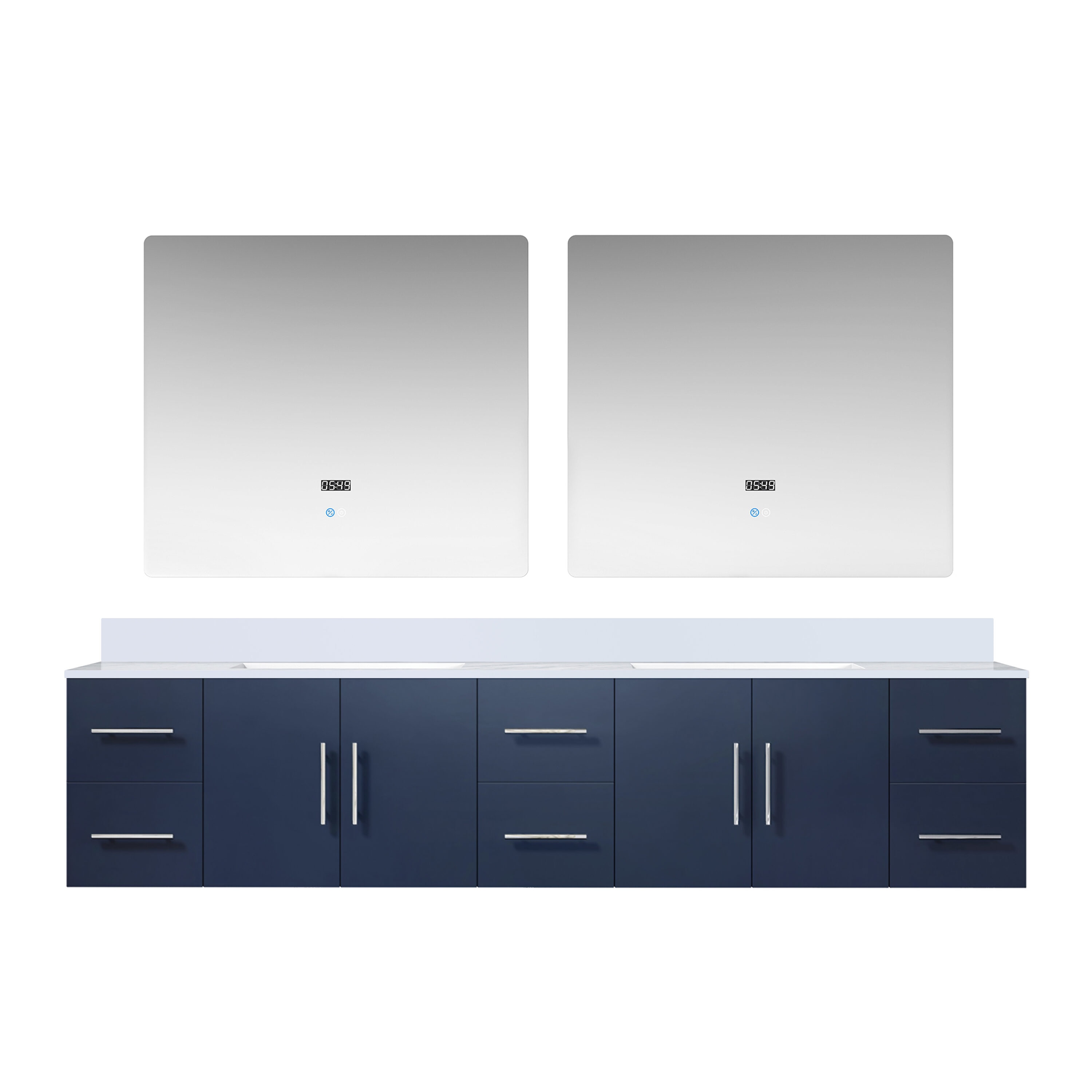 Lexora LVG84DE310 Geneva 84-in Navy Blue Undermount Double Sink Floating Bathroom Vanity with White Cultured Marble Top (Mirror Included)