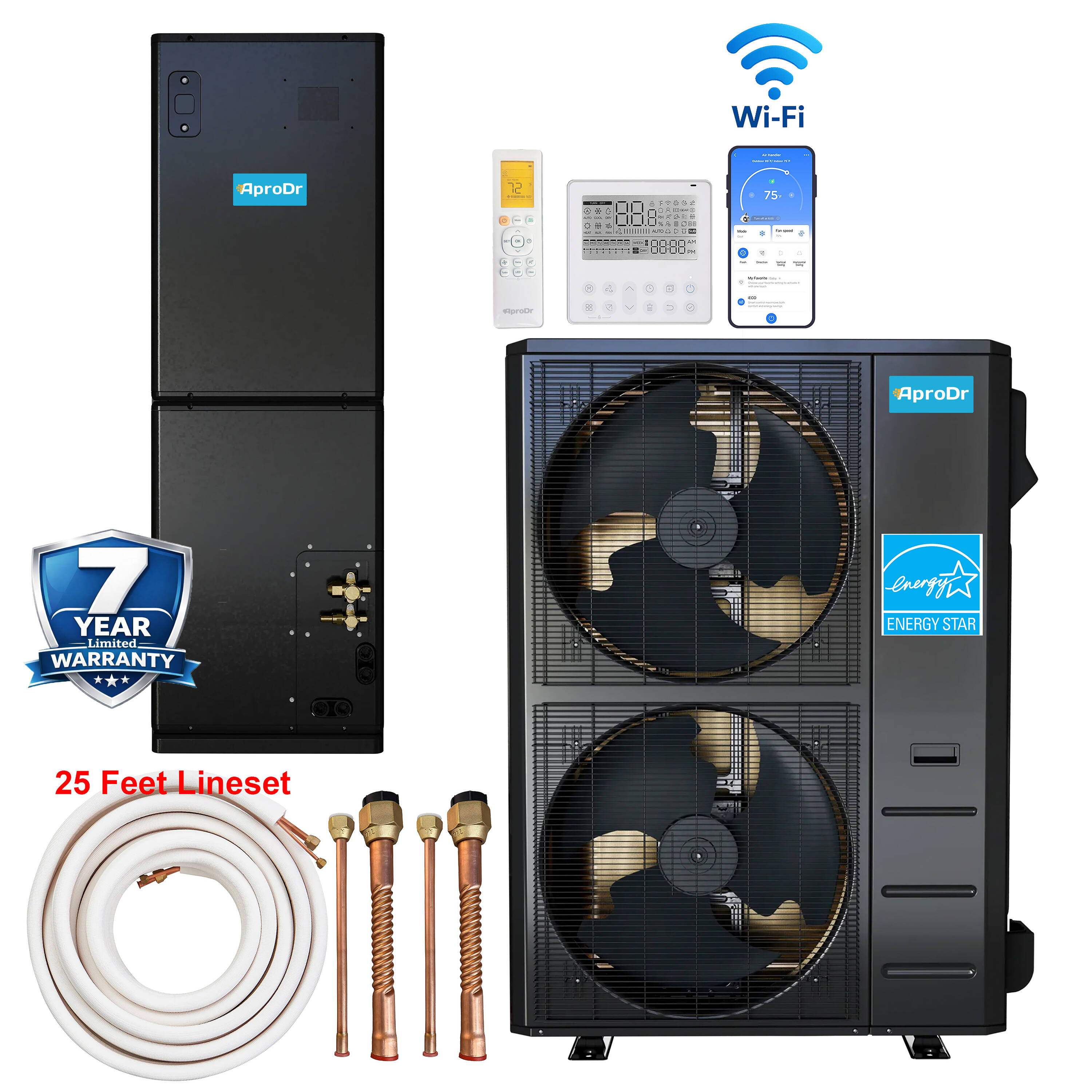 AproDr AHU 5-Ton 17.5 SEER2 Energy Star Wi-Fi Ducted Split System Central Air Conditioner Commercial/Residential 5 -Ton 17.5 -SEER Heat Pump #AHU3G-60HFN-AB-25FT