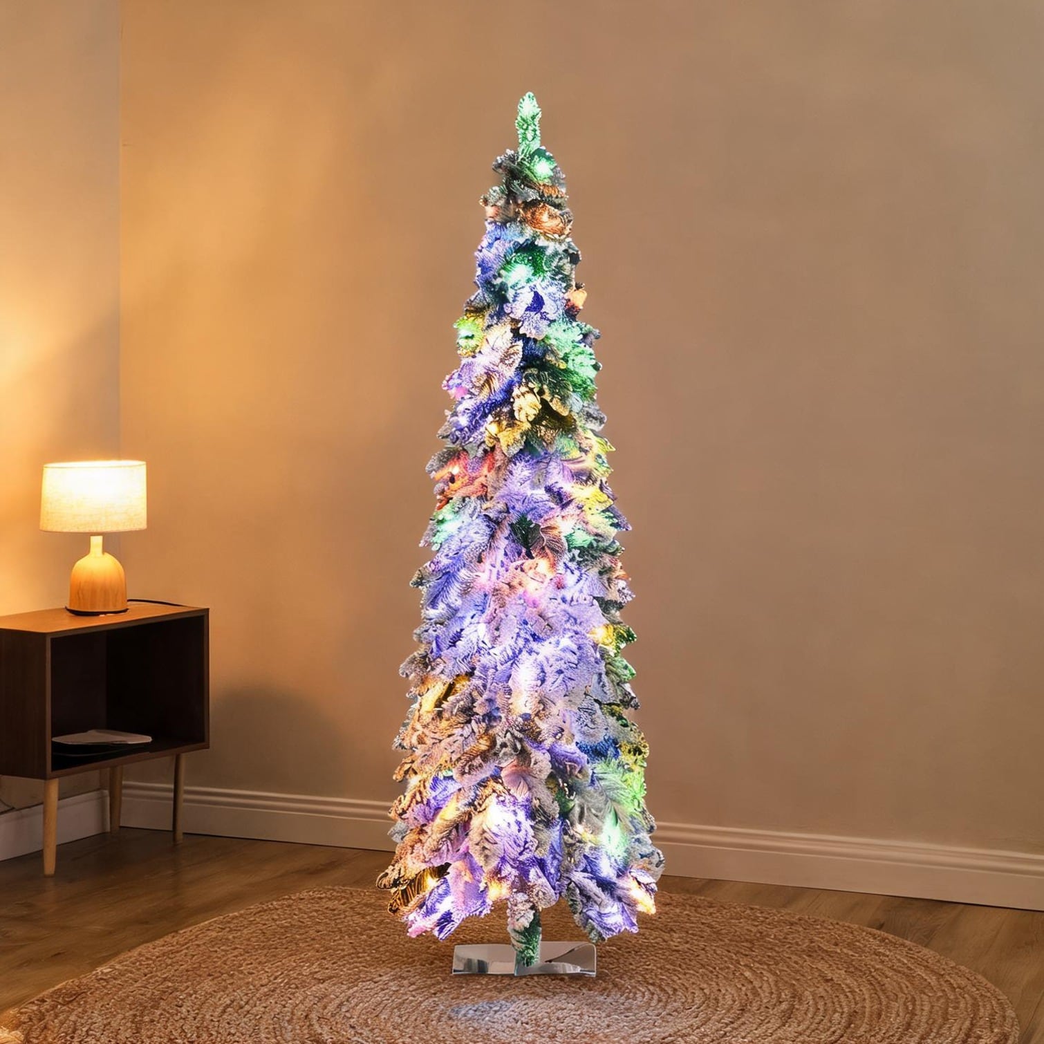 Watnature Snow-Frosted Pencil Christmas Tree with LED Lighting 6 ft Down-Swept Branches Green-Toned