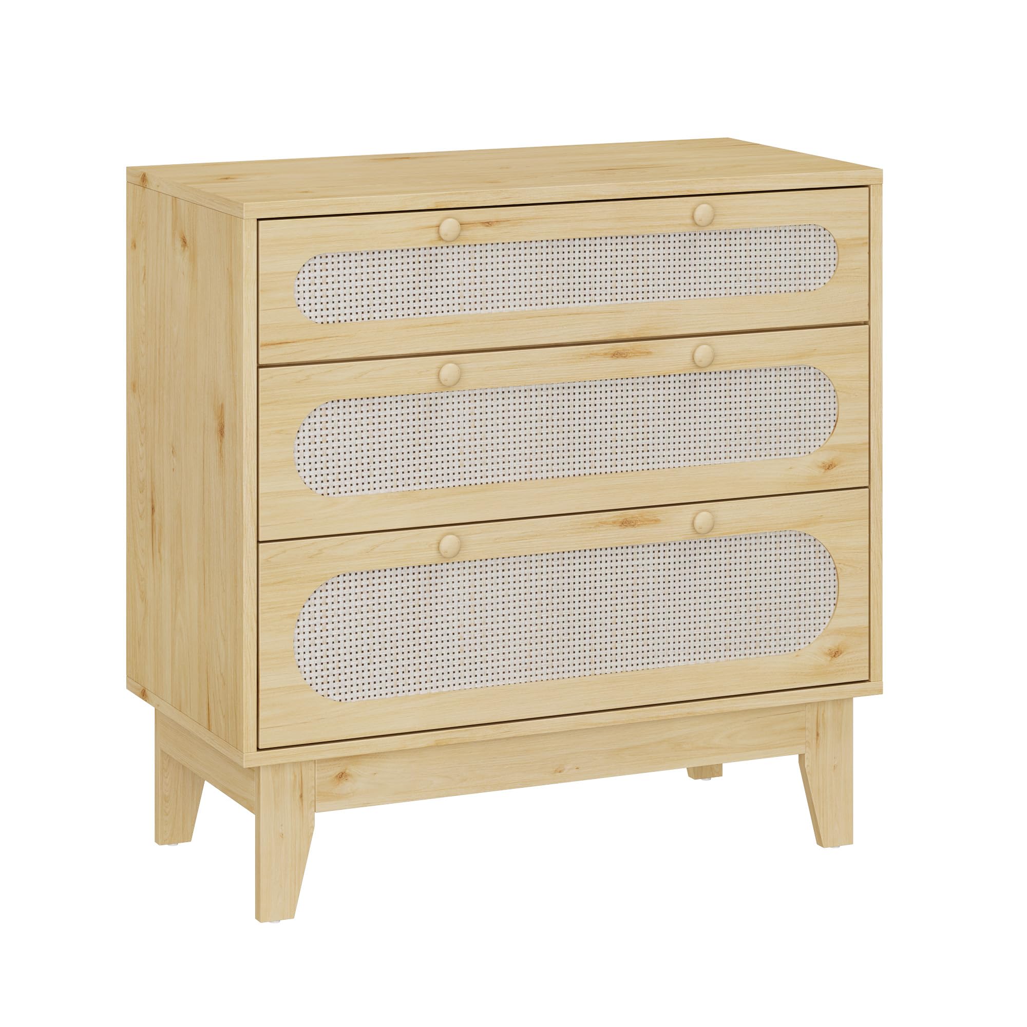 DEXSO 31.5 Inch 3 Drawer Rattan Dresser with Tapered Wood Legs Boho Farmhouse Storage Cabinet Light Oak Finish