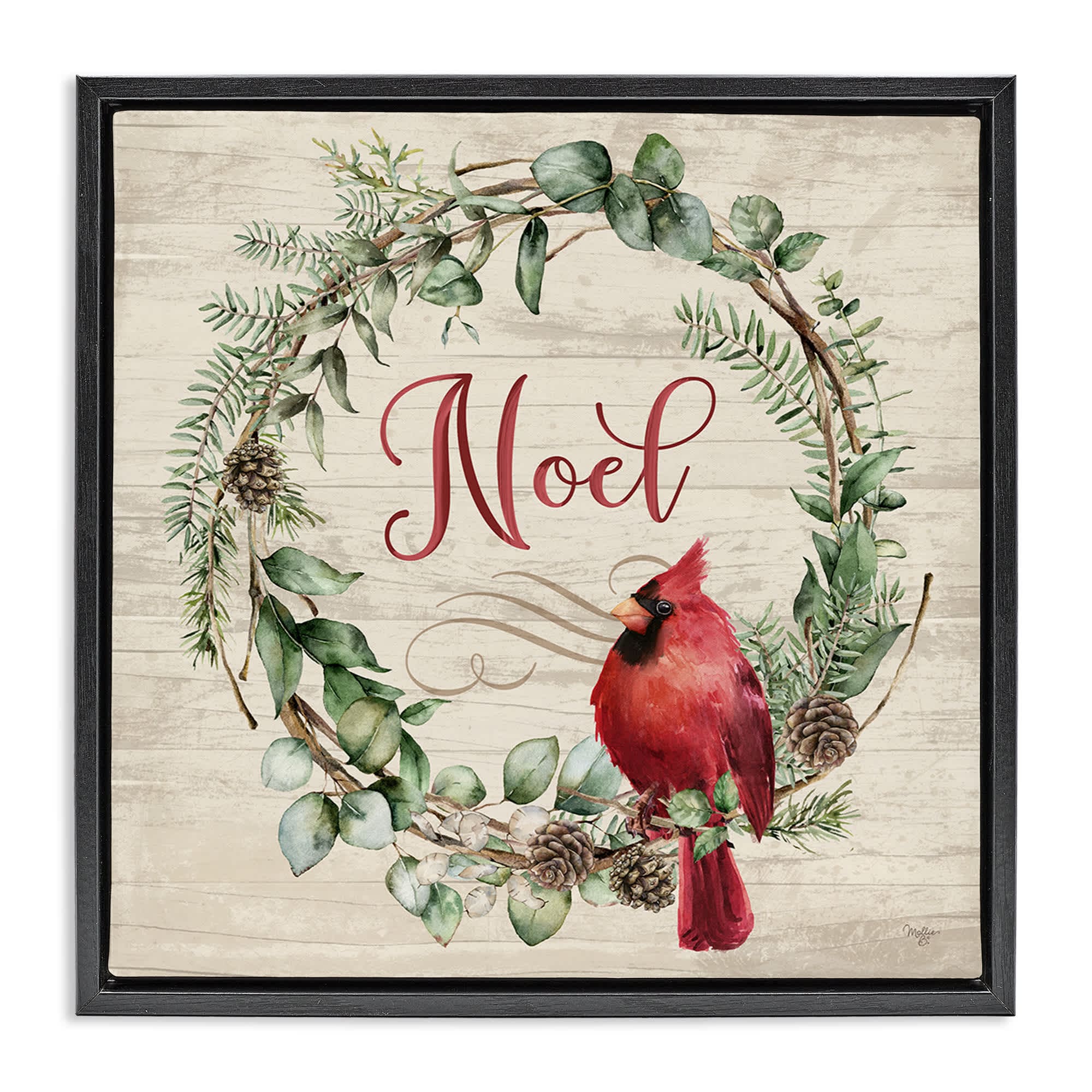 Stupell Industries BT-538-FFB-24X24 Noel Wreath with Cardinal Floating Frame design by Mollie B.