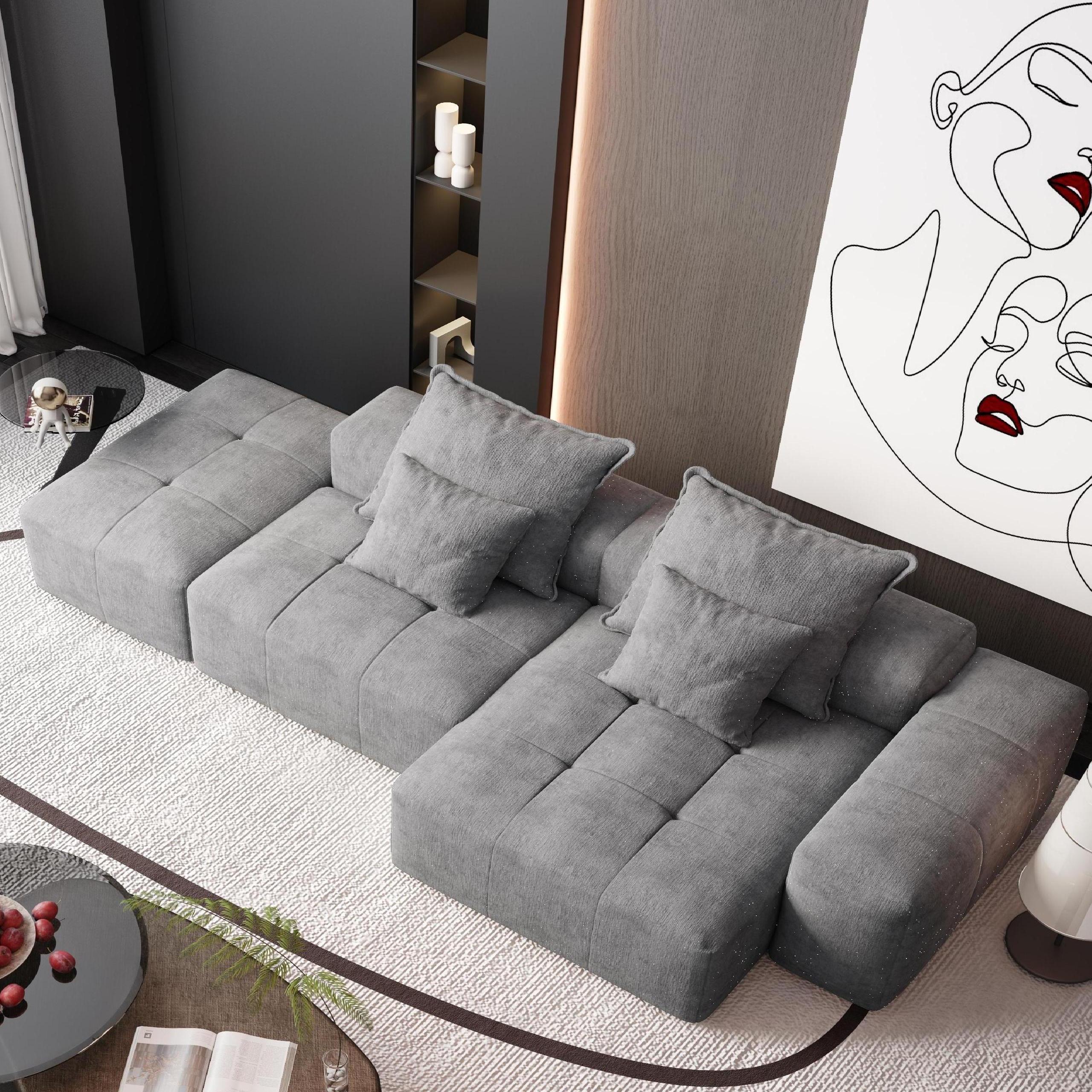 Homy Casa HJCSQJ-GY HJCSQJ 128 in.Chenille 4-Seat Modular Tufted Sectional Sofa with DIY Layout and No-Assembly Design in Storm Grey