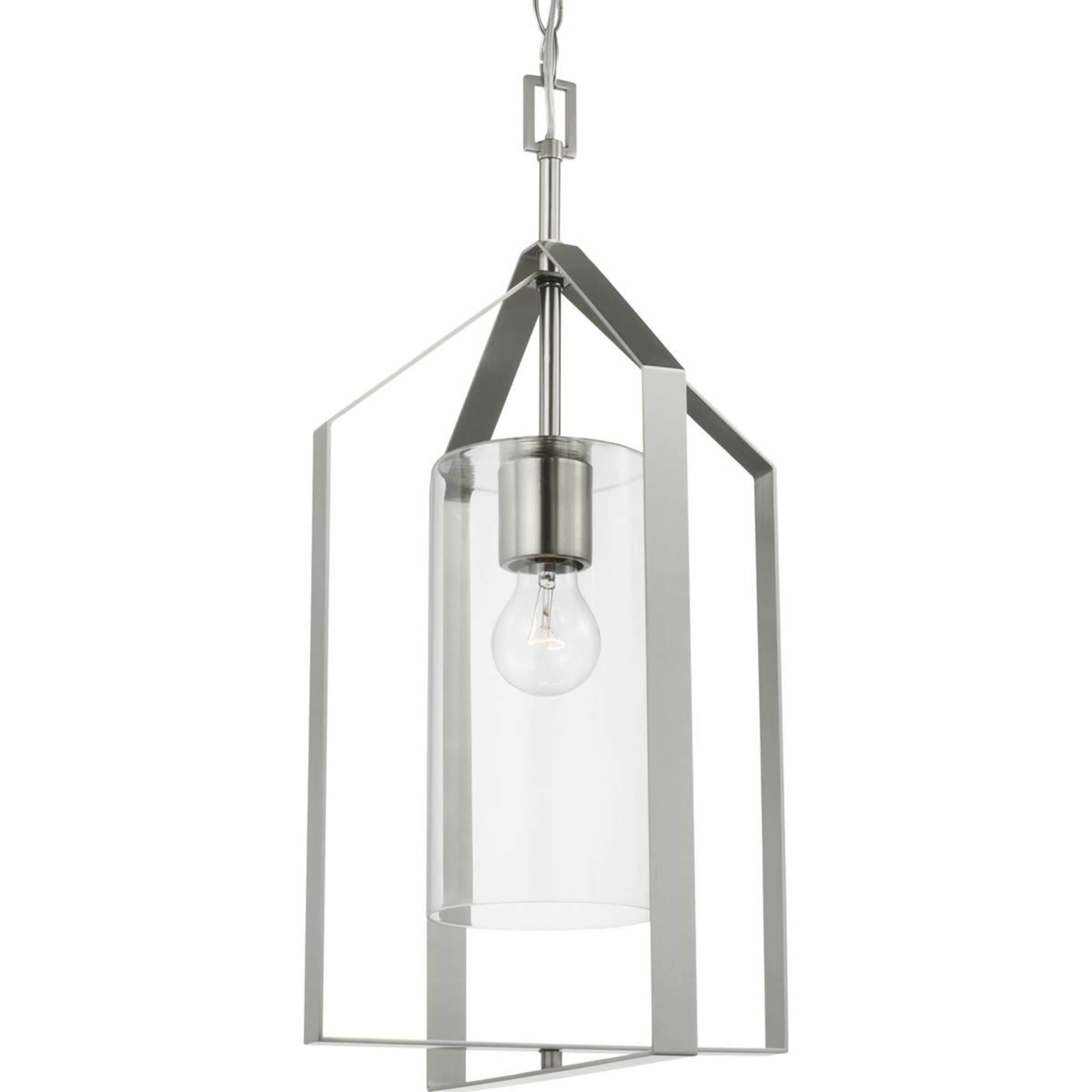 Progress Lighting P500431-009 Vertex 1 -Light Brushed Nickel Modern/contemporary Clear glass Cylinder Medium Hanging Pendant light