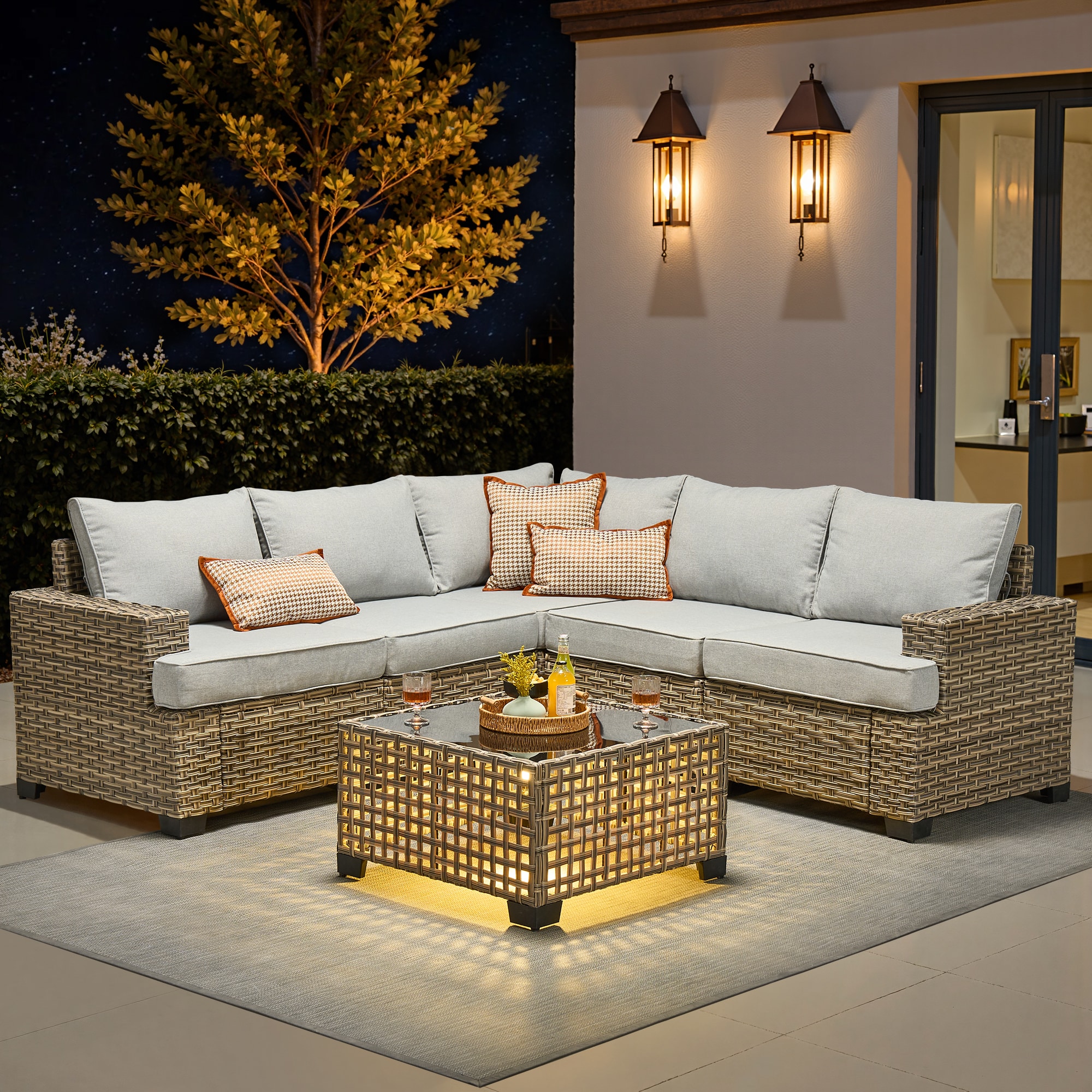 Pouuin STBS400-6 Wicker Outdoor Sectional with Light gray Cushions and Steel Frame