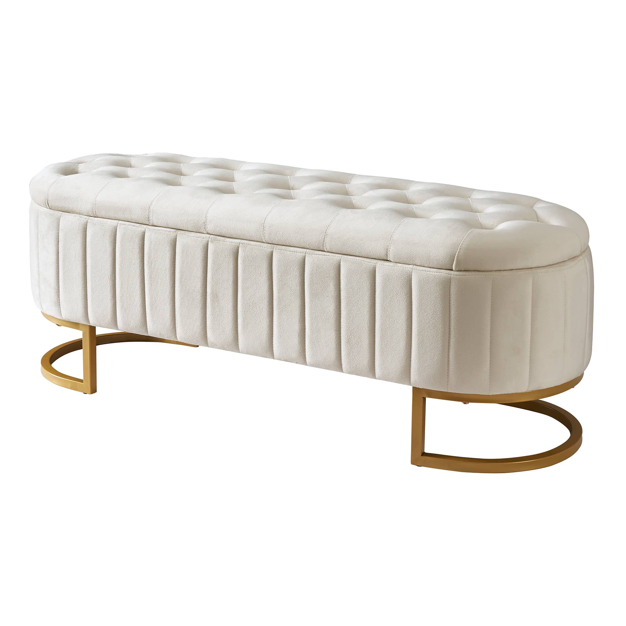 Vynxaria 16 in H x 47 in W Beige Velvet Button Tufted Storage Ottoman with Metal Legs Shoe Storage Cabinet #LEXY3740DJKTCJY043