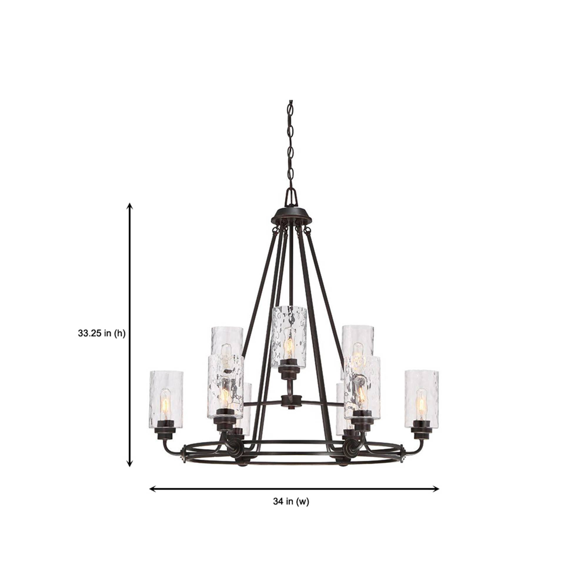 Elegant Bronze 34'' Crystal Accented Chandelier with Hammered Glass Shades
