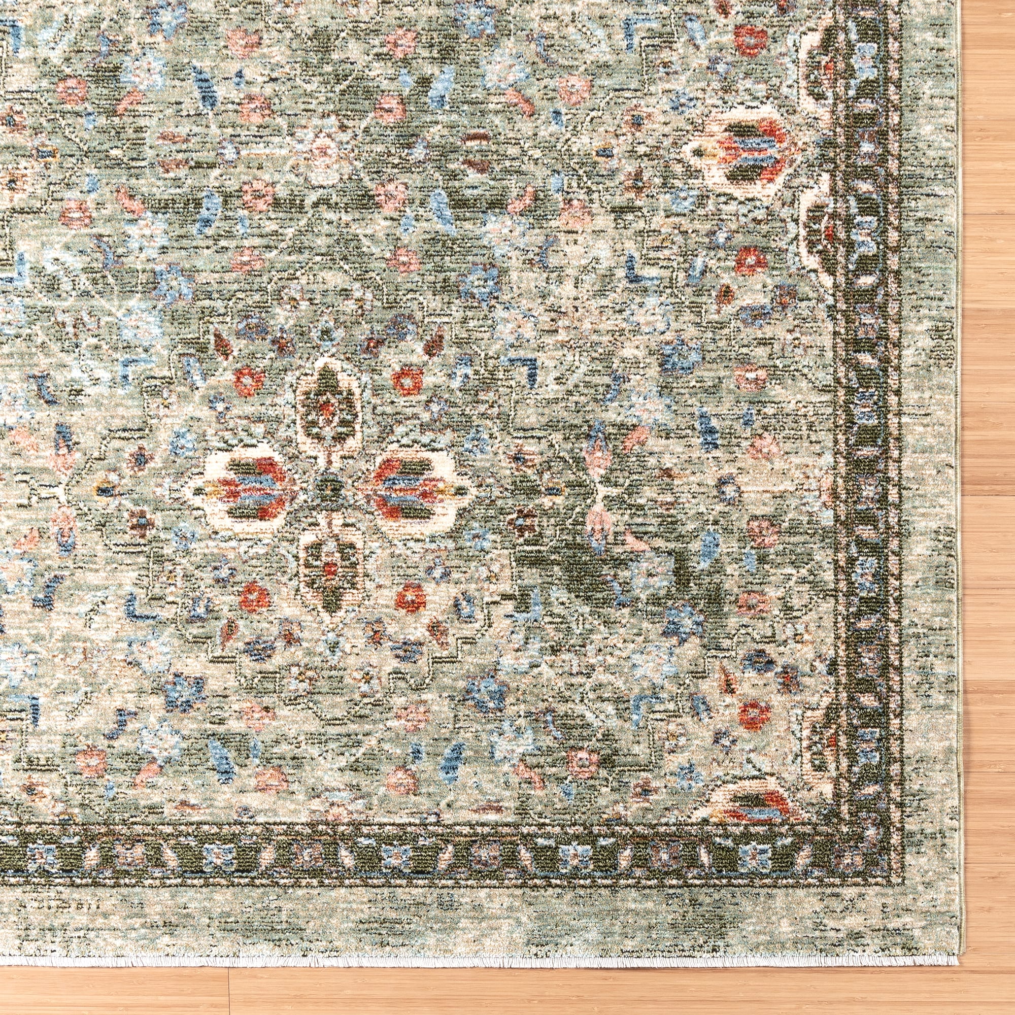Ivory and Olive Green Synthetic Rectangular Area Rug