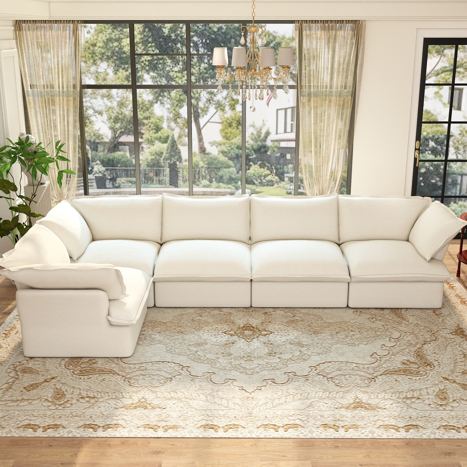 BuotiqHom DH-S5-120WE 123-in Modern White Linen 5 -seater Sectional