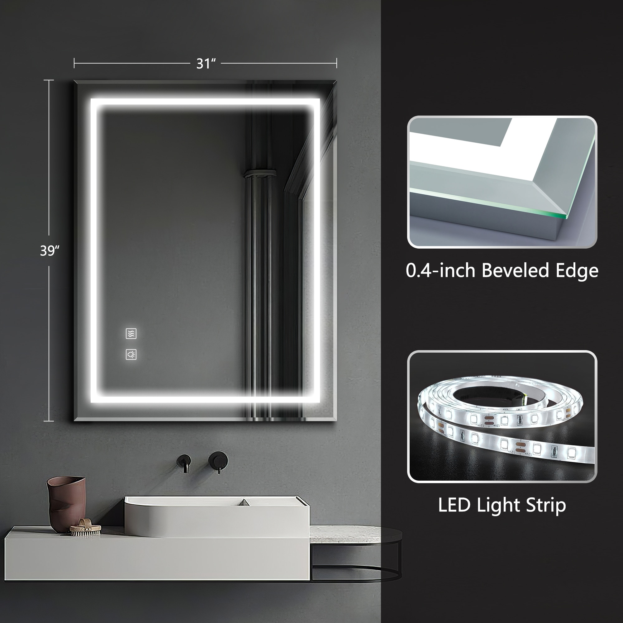 NeuType 31-in x 39-in Dimmable Lighted Clear Framed Frameless Bathroom ...