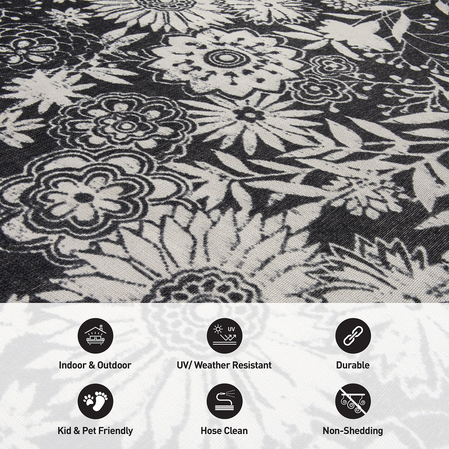Gray and White Floral Synthetic 5' x 7' Indoor/Outdoor Area Rug