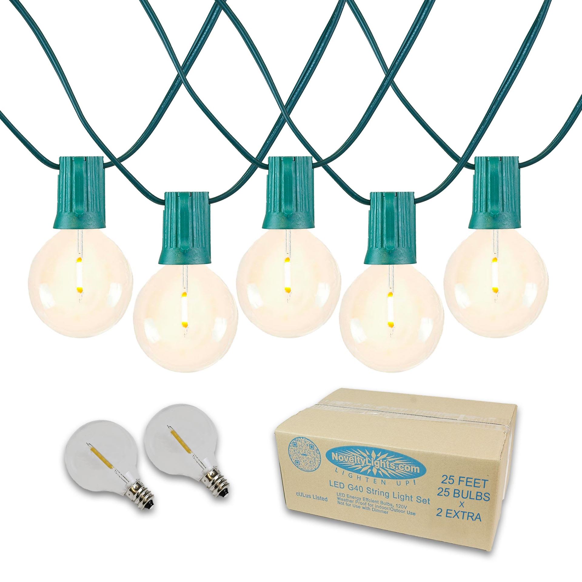Novelty Lights LED-G40-25-GW-FBWW 25FT G40 LED Patio String Lights Outdoor Lights String Shatterproof Plastic LED Bulbs With End-To-End Connections Weatherproof Balcony Lights 27 Plastic LED Bulbs (Green Wire)