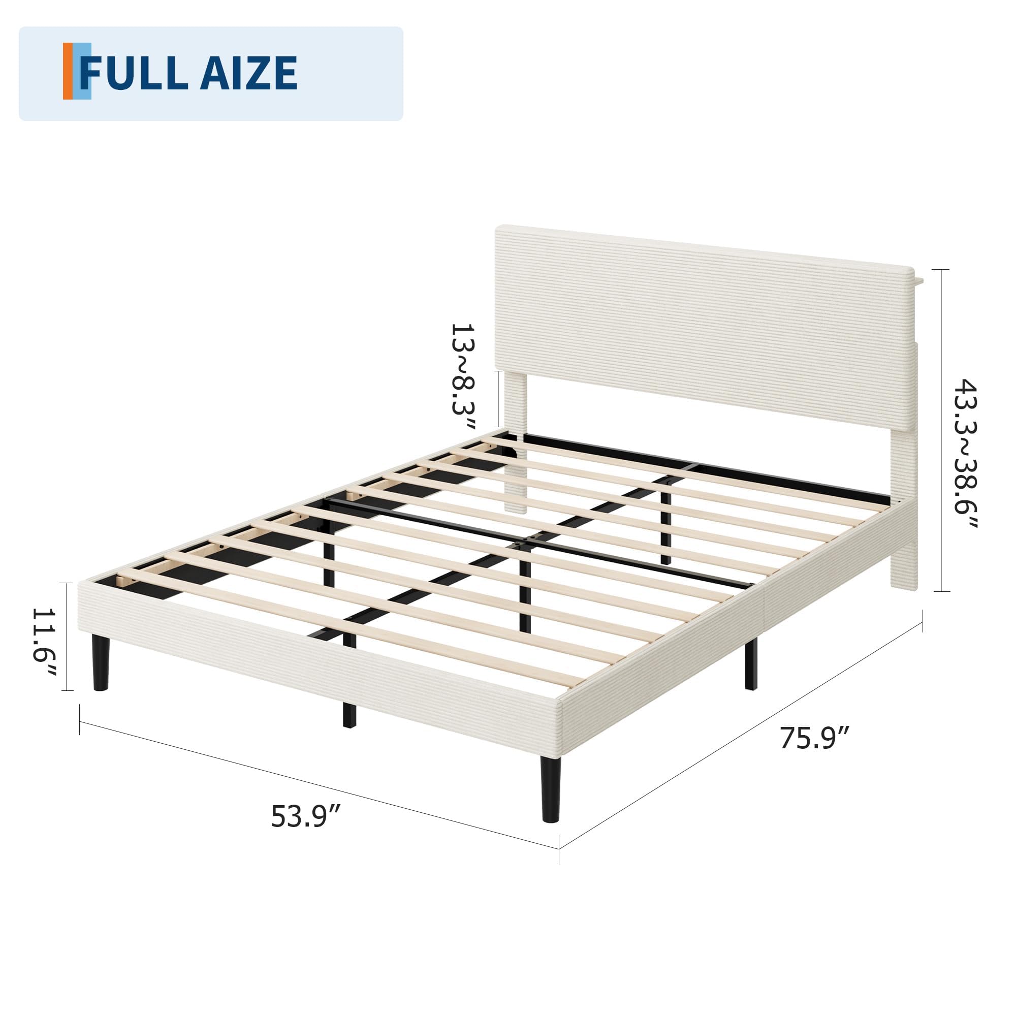 GarveeLife Full Size Beige Platform Bed Corduroy USB Ports Adjustable ...