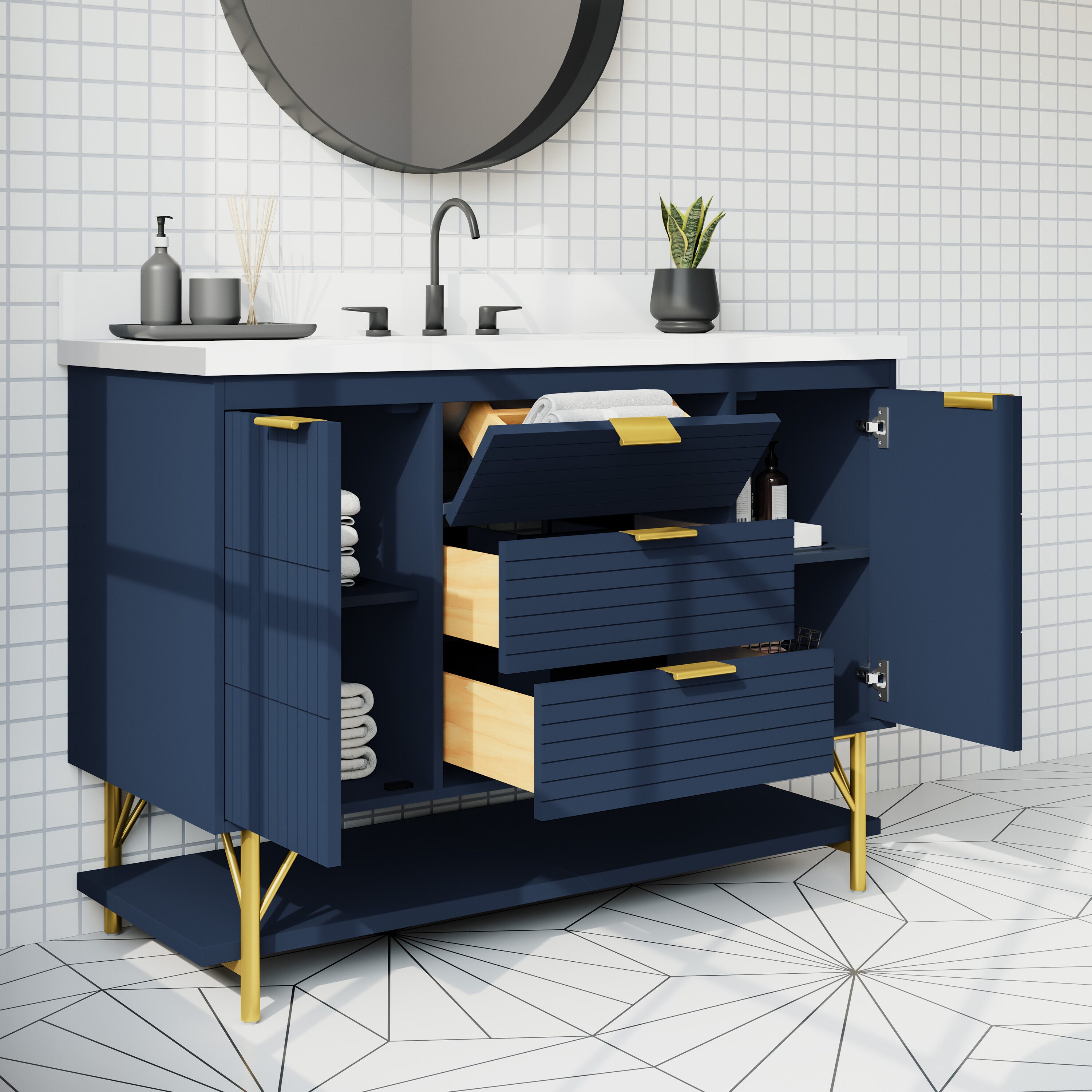 Scott Living Calletano 48-in Navy Blue Undermount Single Sink Bathroom  Vanity with White Quartz Top